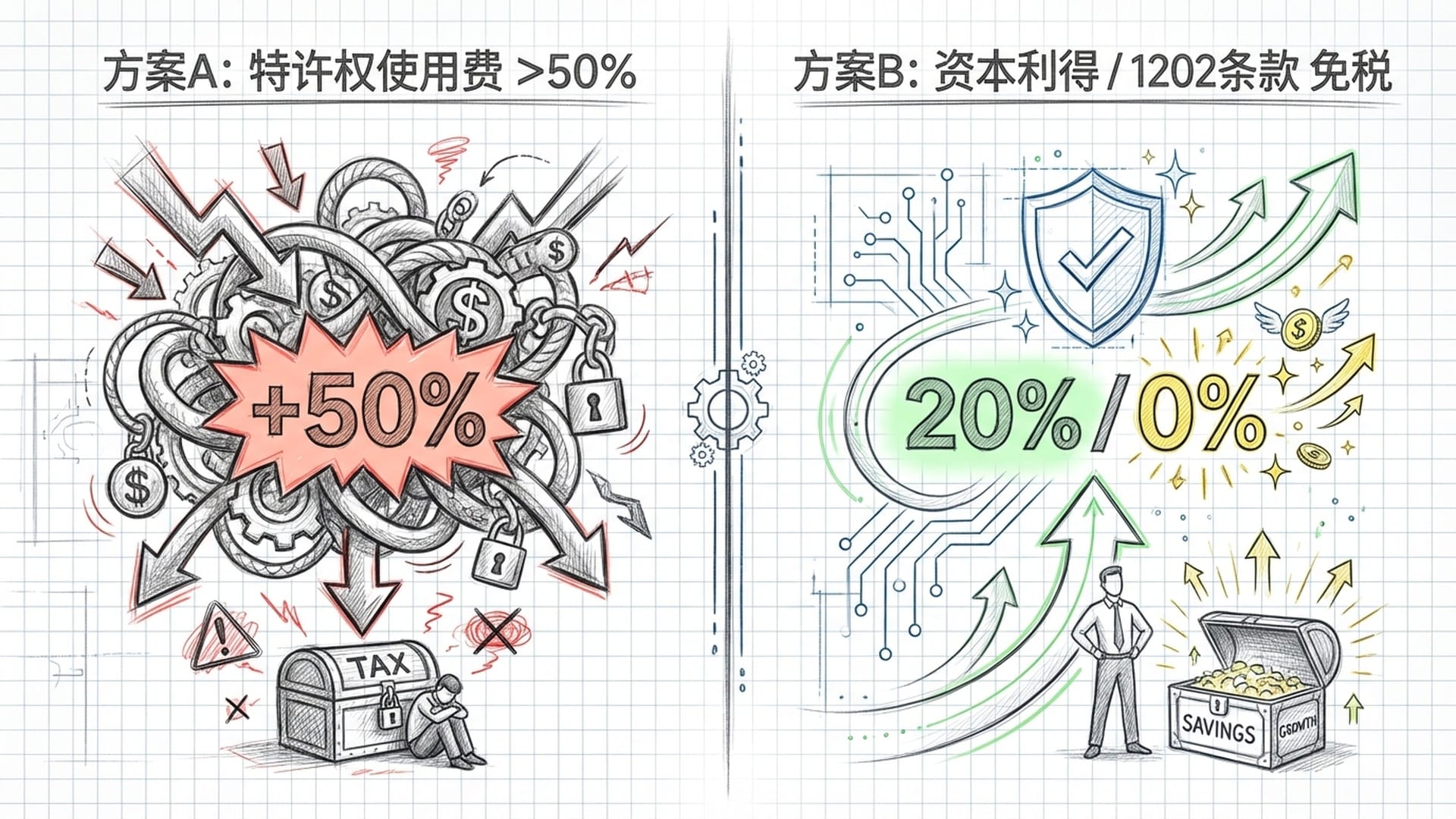 税务计算对比。方案A（特许权税率50%以上） vs 方案B（资本利得/1202条款免税）。方案B金光闪闪。