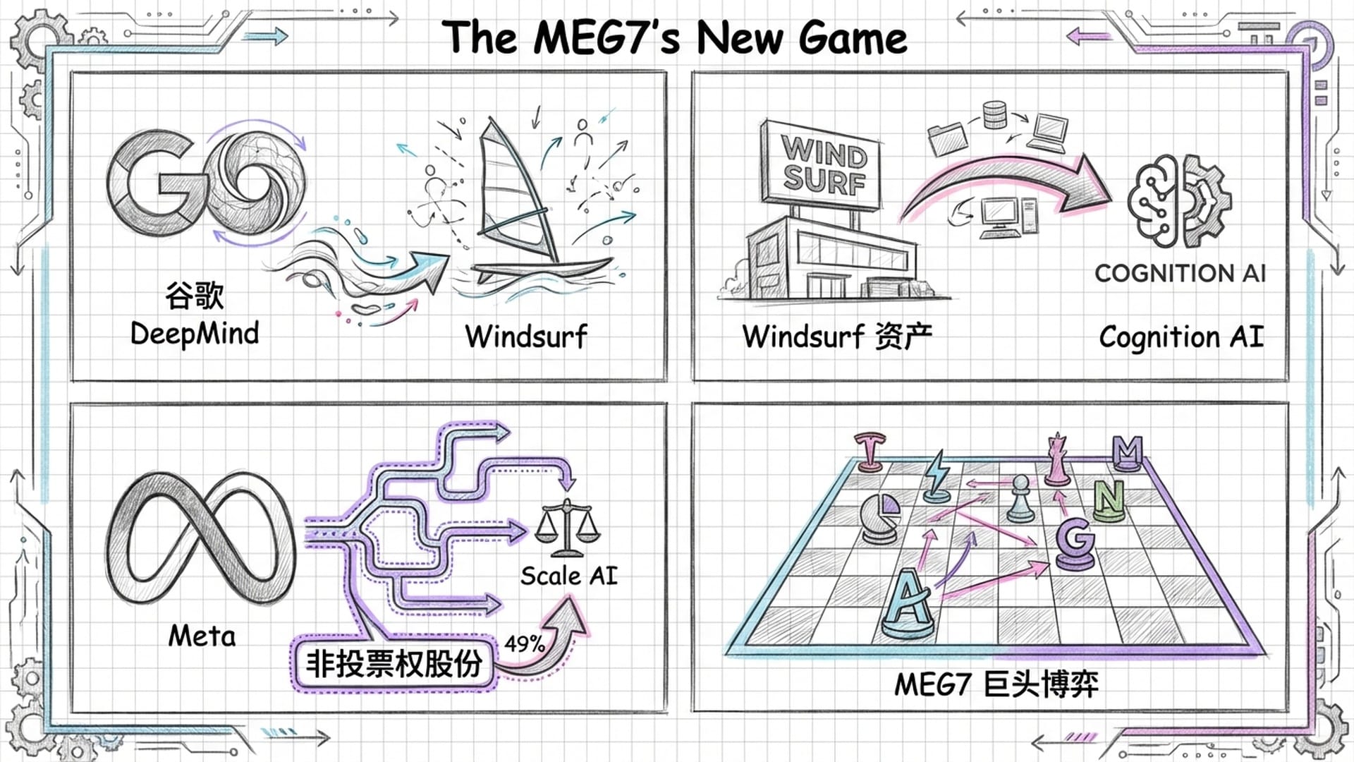 多面板漫画风。谷歌通过分布式并购收割Windsurf，Meta通过非投票权绑定Scale AI，一系列MEG7巨头的博弈。