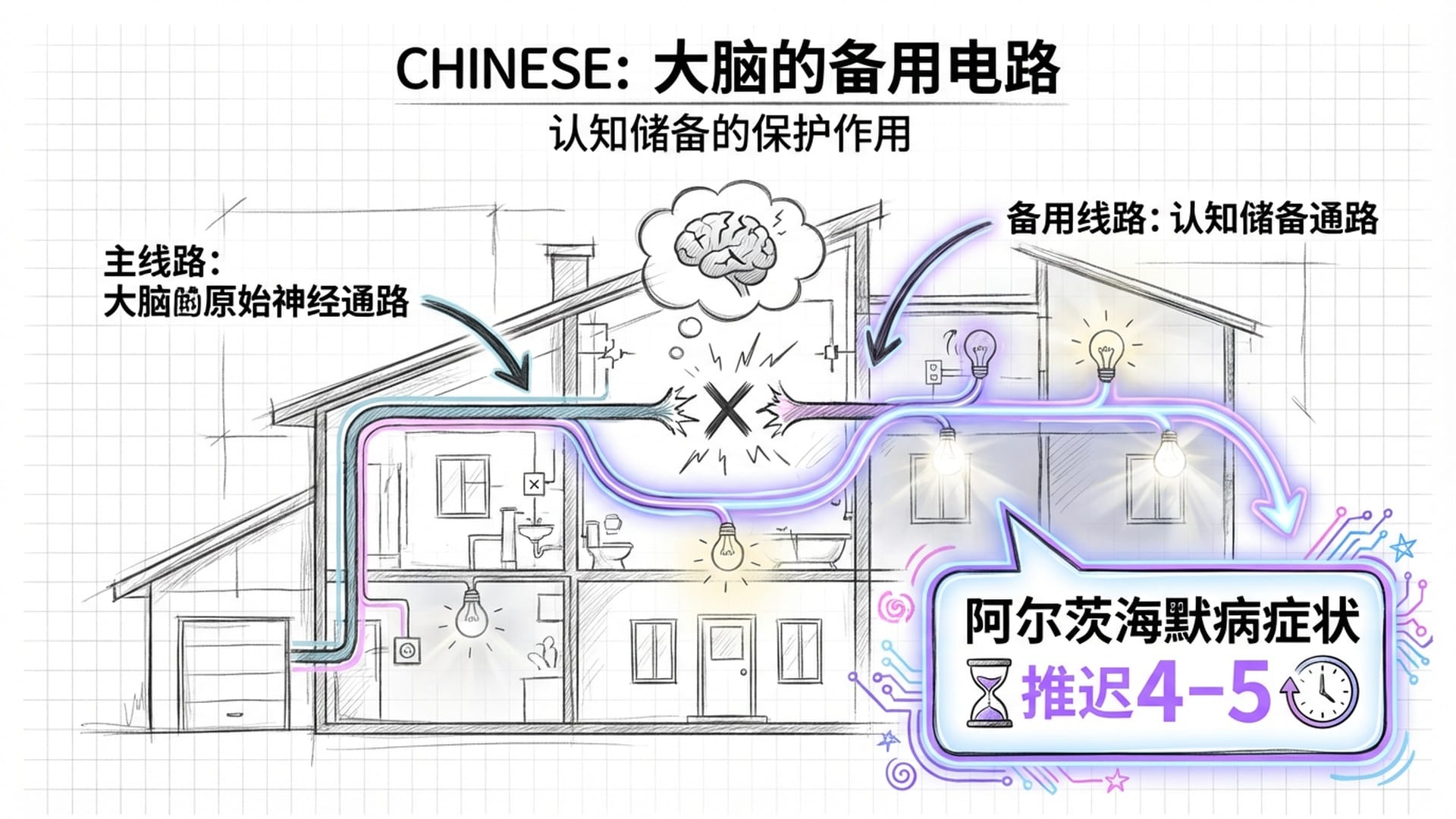 一个复杂的家庭电路蓝图，主要电线断裂，但备用电线自动亮起并维持了整个房子的灯光。