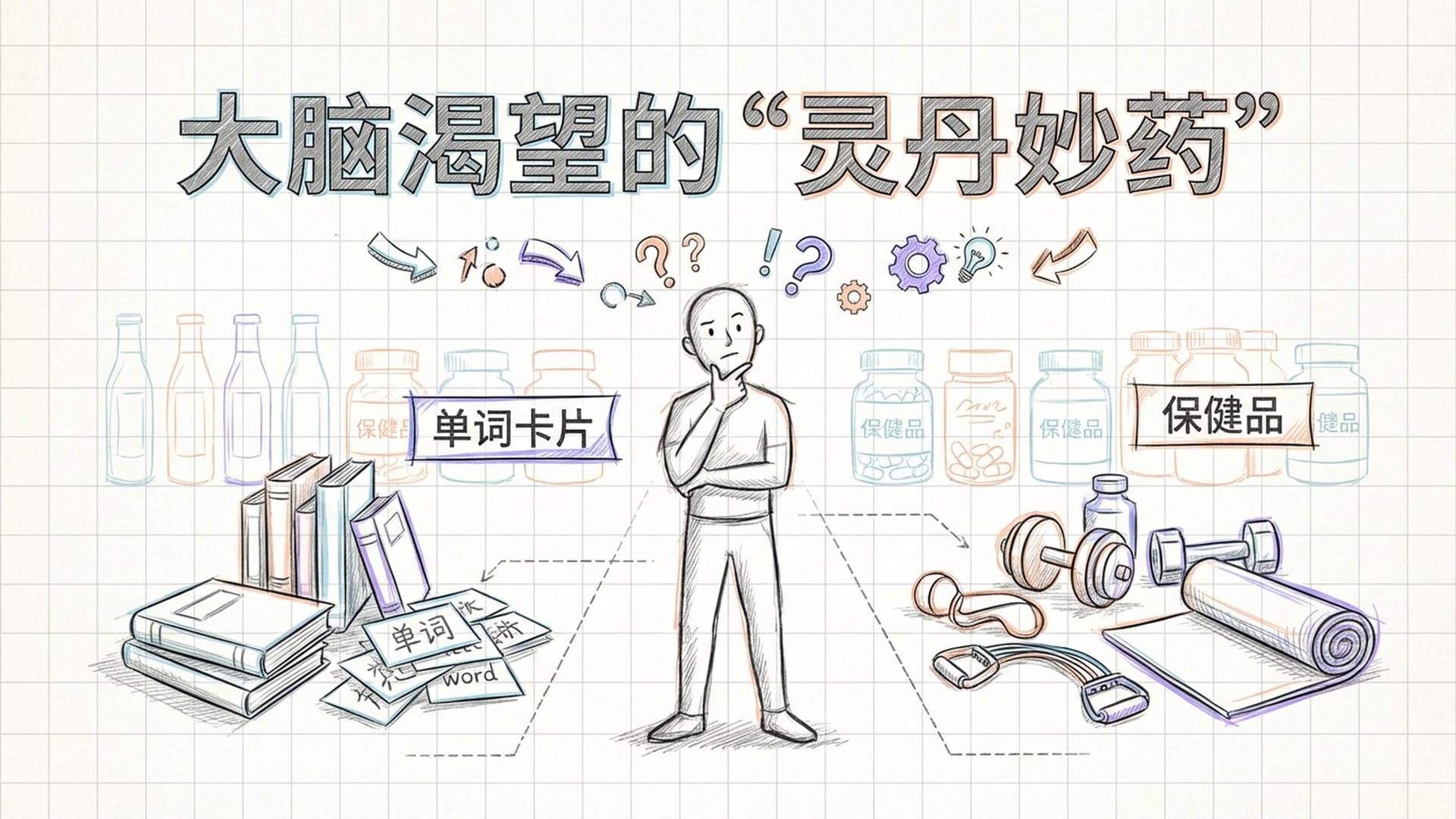 一个人在单词书和各种健身器材之间犹豫，背景是一排排的补能保健品，象征人们寻找延缓衰老的方法。