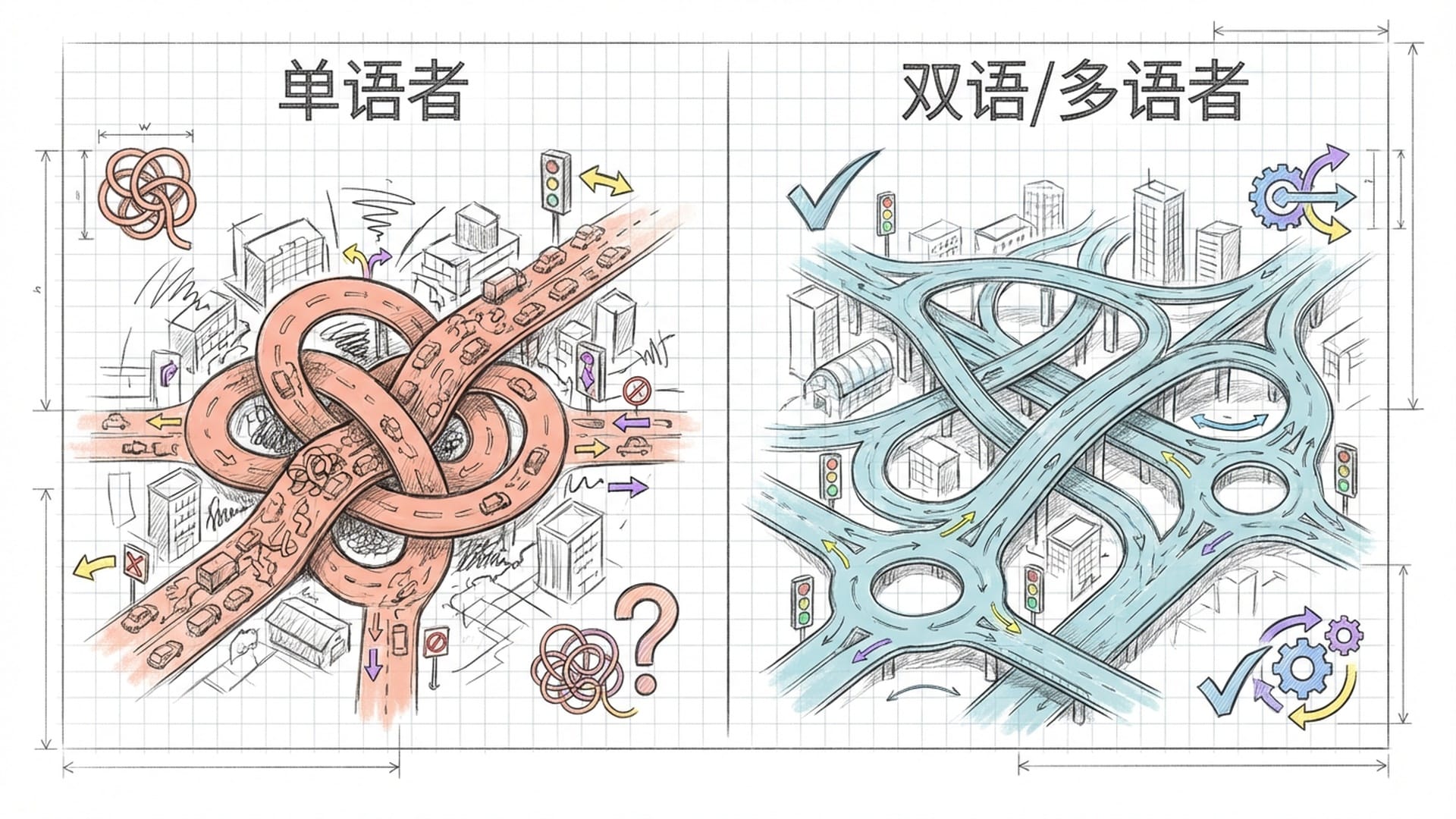 一个繁华的城市交通枢纽，无数发光的线条代表神经通路，单一线路（单语）与复杂交织线路（多语）的动感对比。