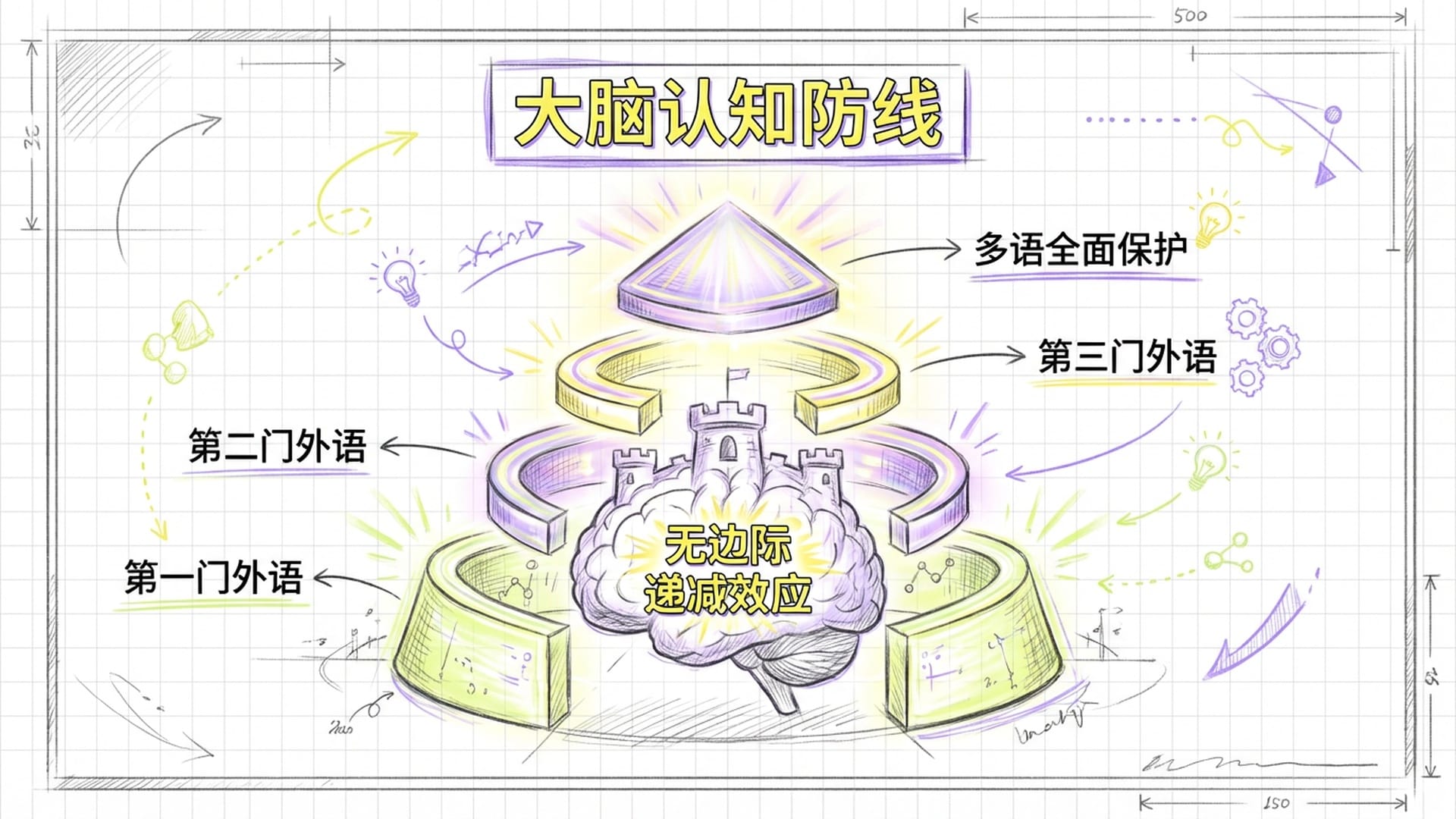 一个大脑像防御堡垒一样，每学会一门外语就增加一层发光的防护罩，展现累积获益模式。