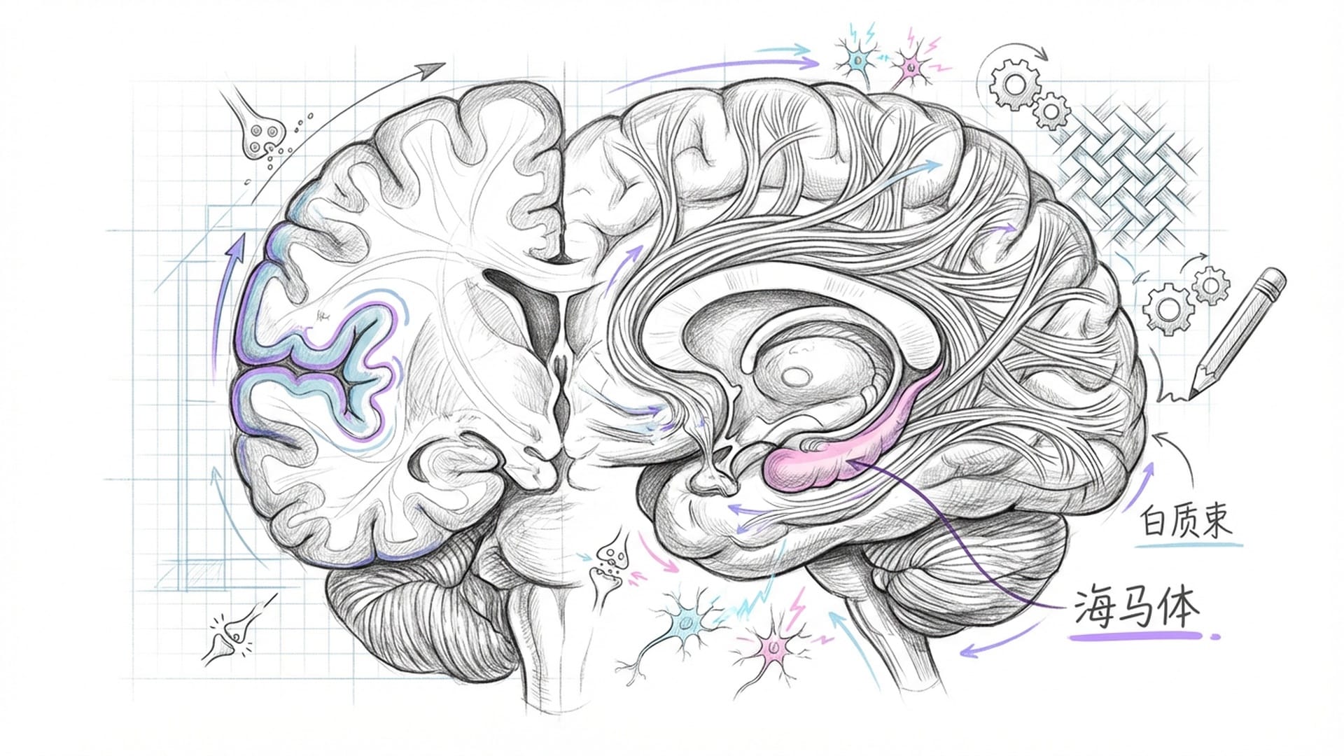 显微镜视角下的大脑结构，海马体和左下额回区域体积增大，神经纤维束白质显得非常紧实完整。