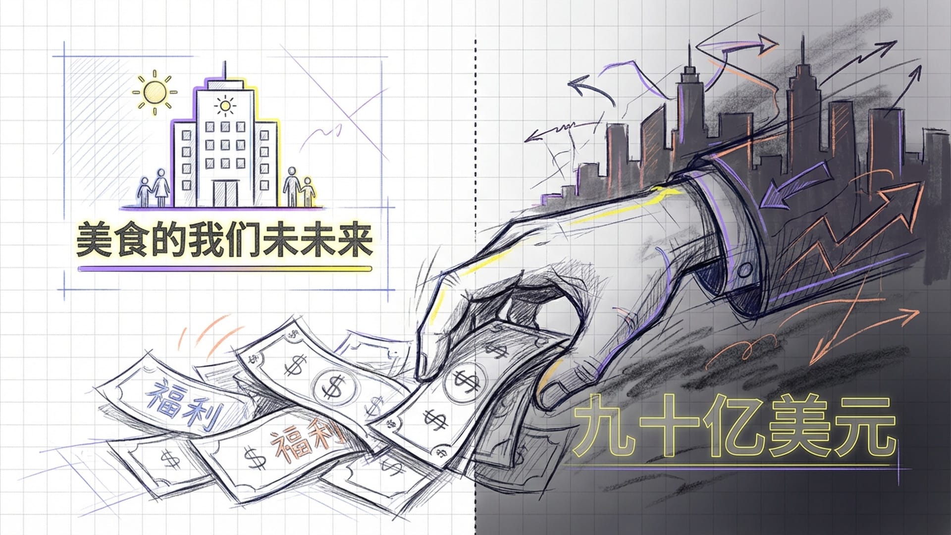 一只巨大的手正在从堆积如山的美元钞票中抽走现金，钞票上印着‘福利’字样，背景是幽暗的城市剪影。