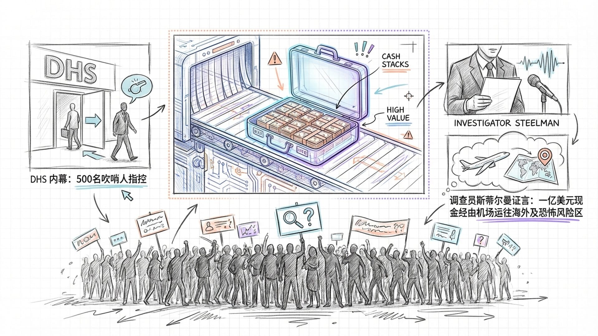 500名员工在黑暗中集结成抗议的剪影，象征吹哨人，背景是机场托运大量现金的X光扫描图像。