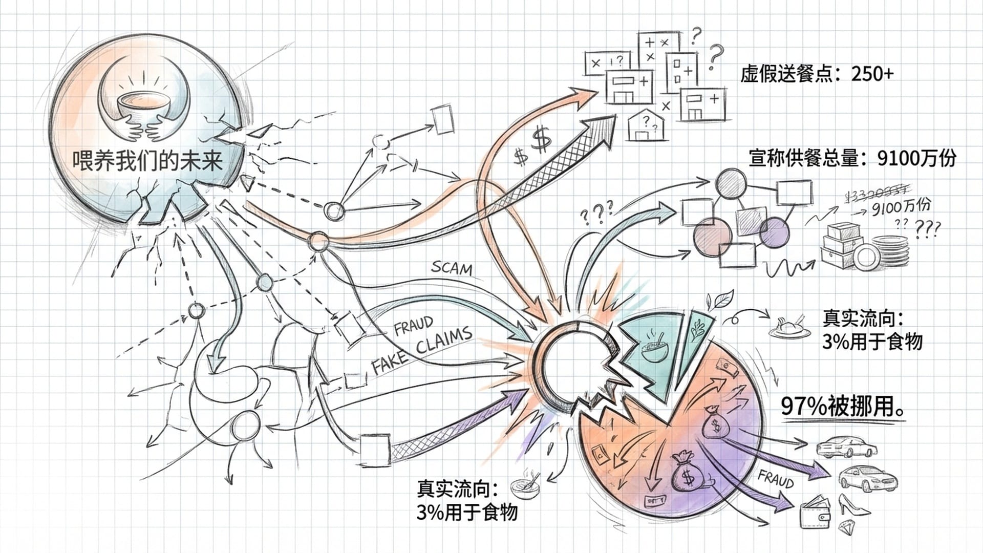 “喂养我们的未来”组织标志，逐渐破碎并转化为复杂的金钱交易网络图，显示虚假报销点。