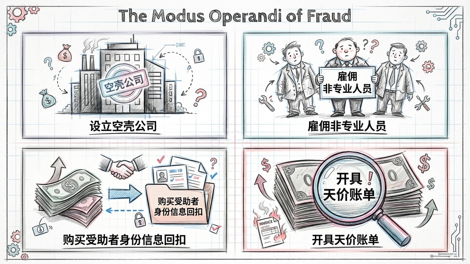 一群穿着廉价西装的骗子面对电脑，利用受助者信息进行批量财务报案，背景是空壳公司的目录。