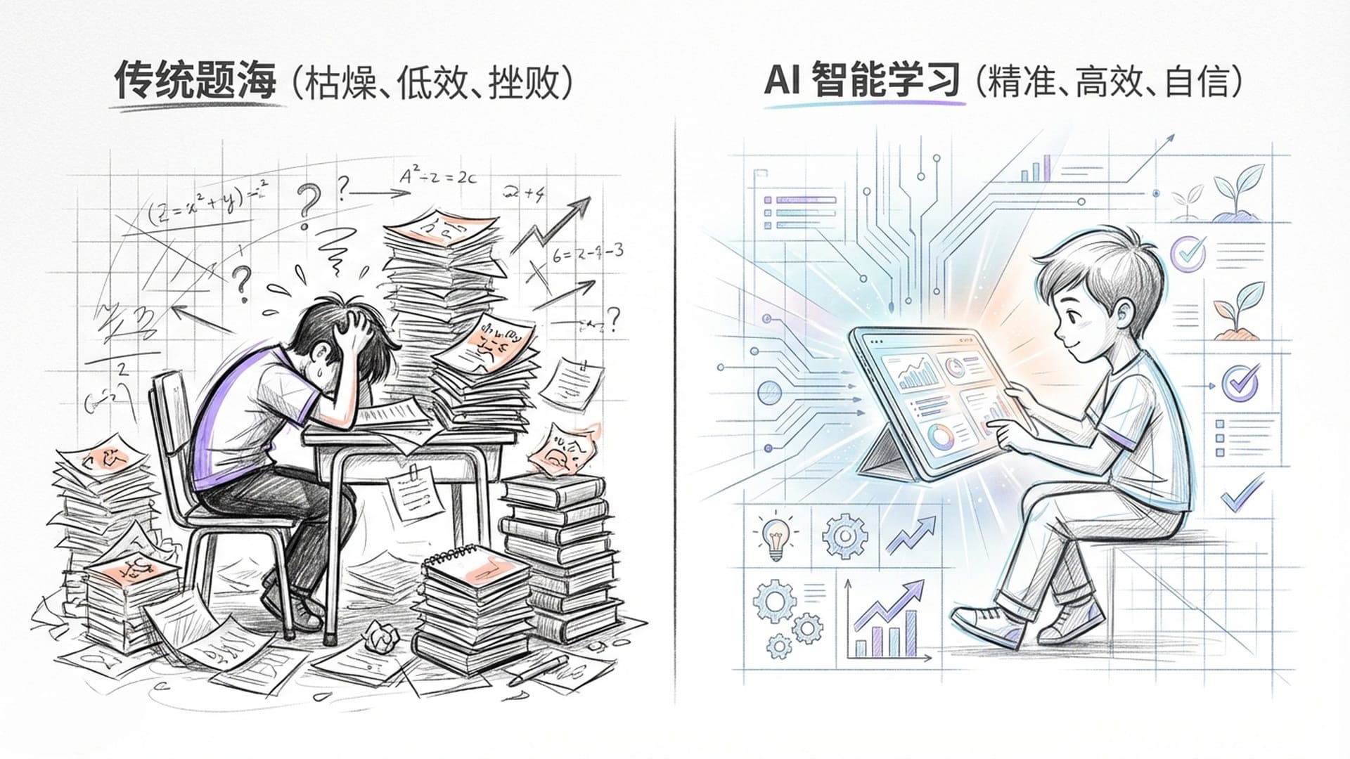 疲惫的学生与专注的孩子