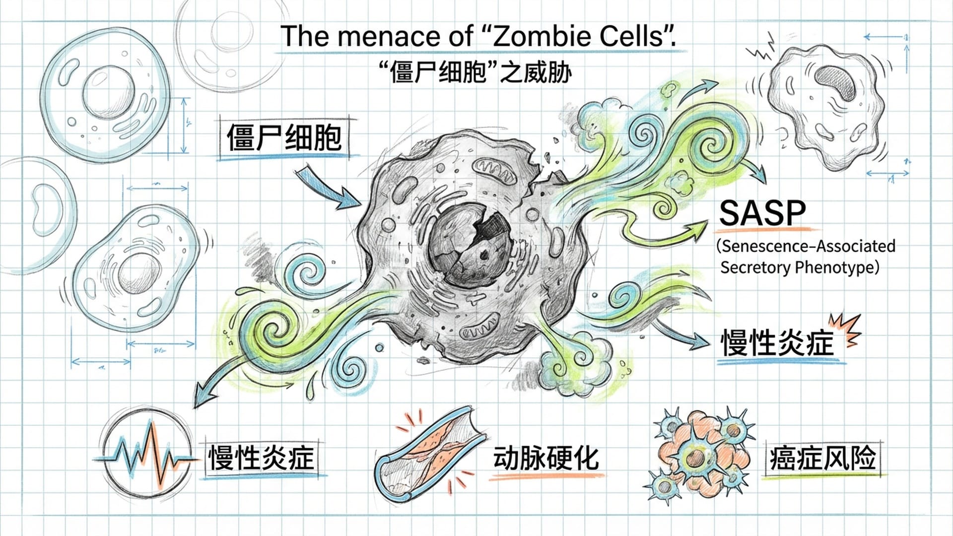 显微镜视角下的“僵尸细胞”，颜色灰暗，正在向周围排出绿色毒素液体，产生炎症反应。