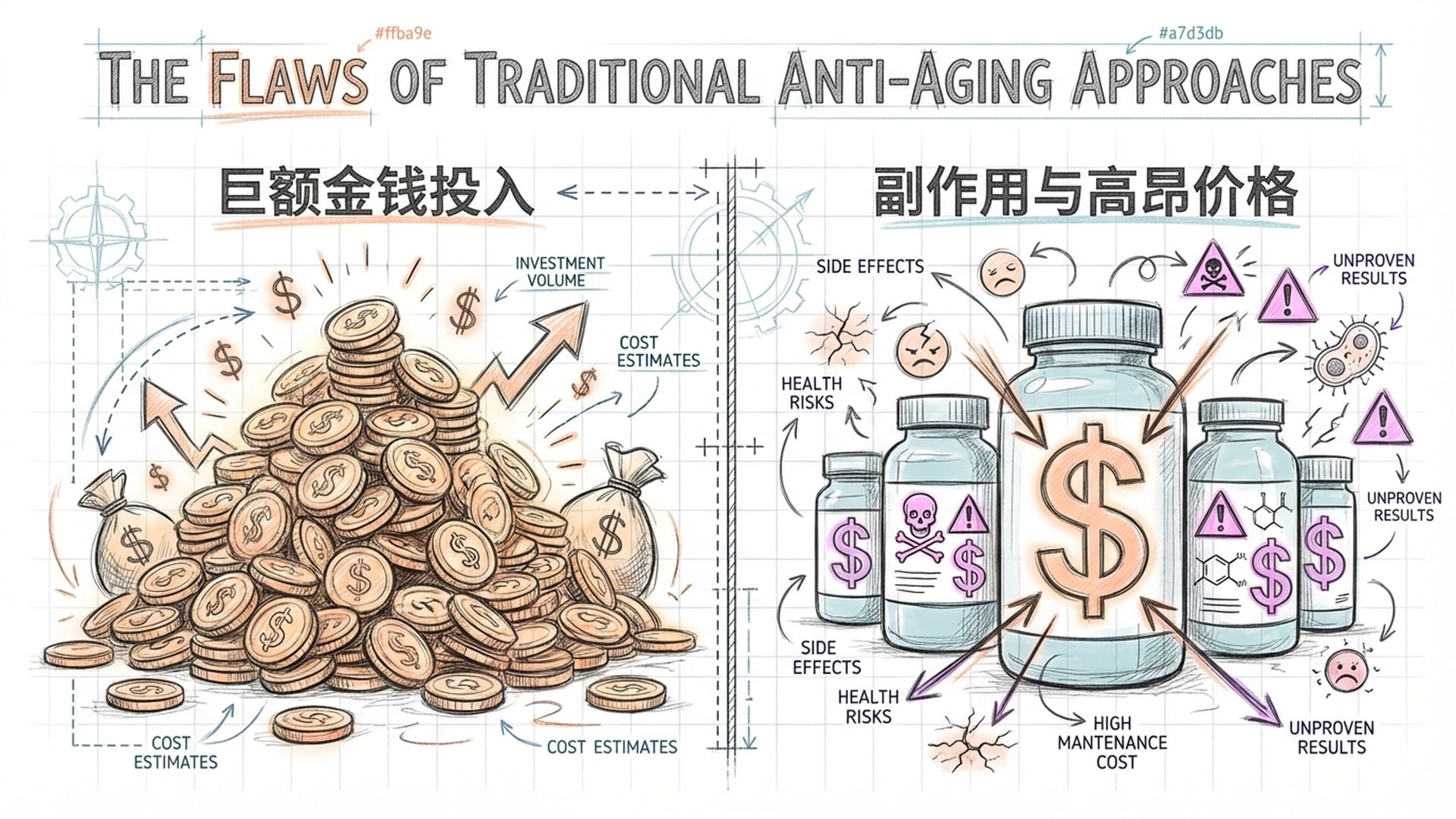 金币堆叠与各种药瓶，药瓶上画着危险标志与昂贵的美元符号，暗示传统抗衰药物的困境。