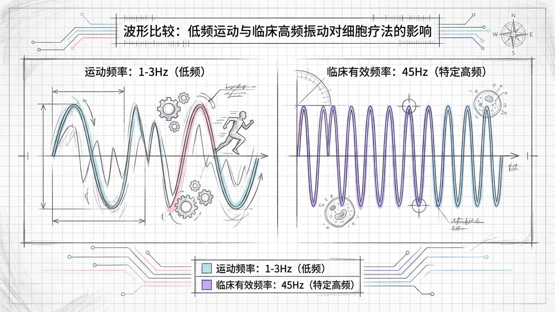 跑步（低频）与精准振动（高频）的波形图表对比。展现专业医疗设备的波形纯净度。