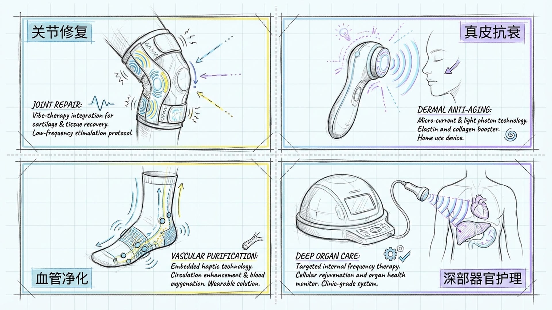 未来产品展示：内置振动马达的护膝、美容仪、振动袜以及深层超声波设备。