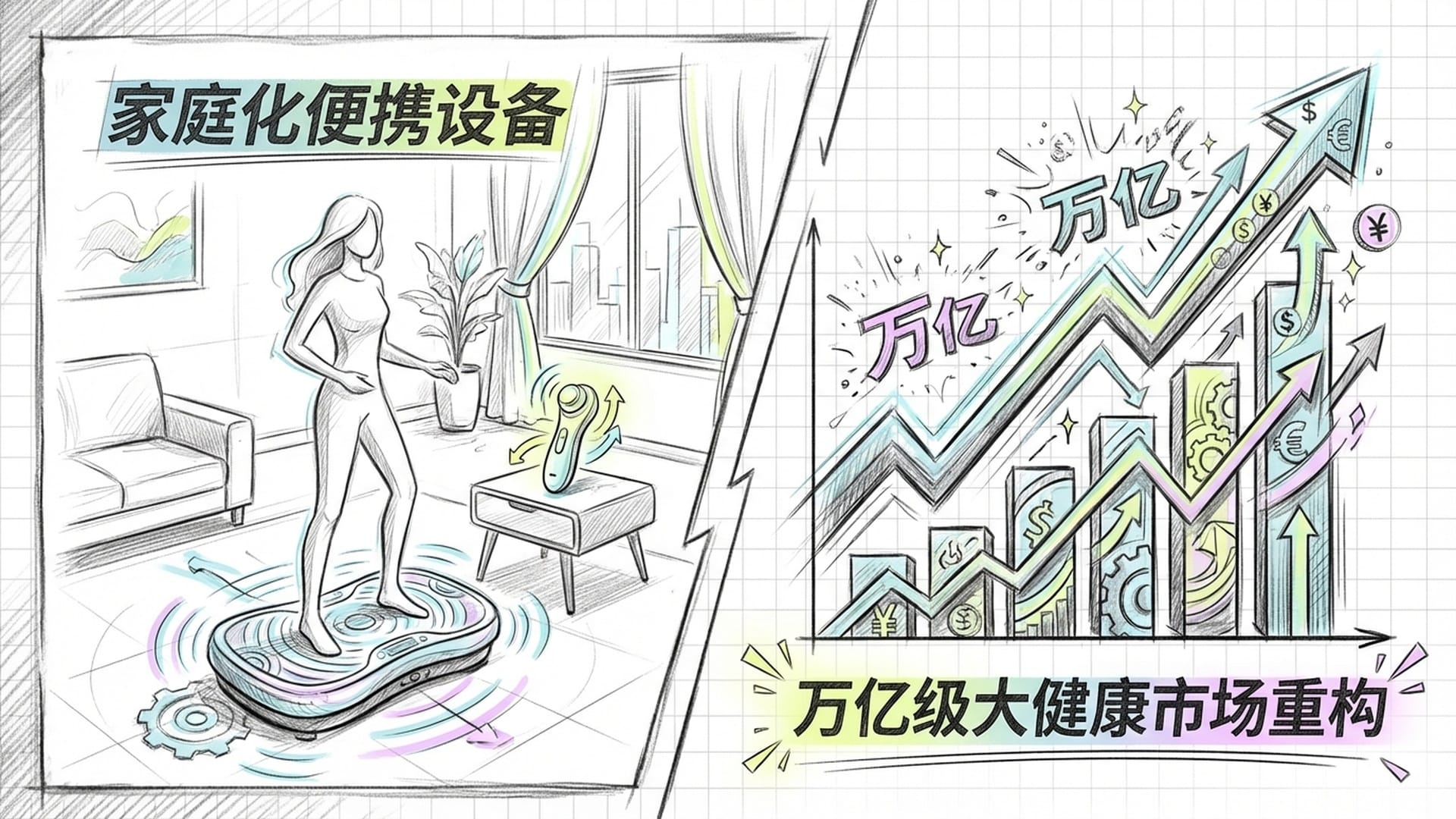 客厅中摆放着未来感十足的微型振动平台，一个普通家庭成员正在上面站立，背景是万亿市场的商业图表。