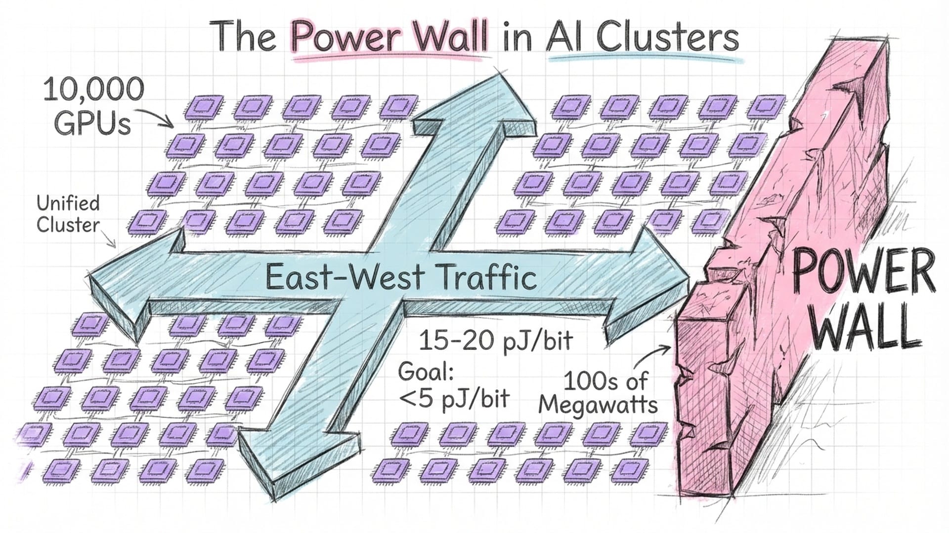 Visualization of a cluster with 10,000 GPUs. Massive arrows move 'East-West' between them. A 'Power Wall' barrier blocks the scaling.