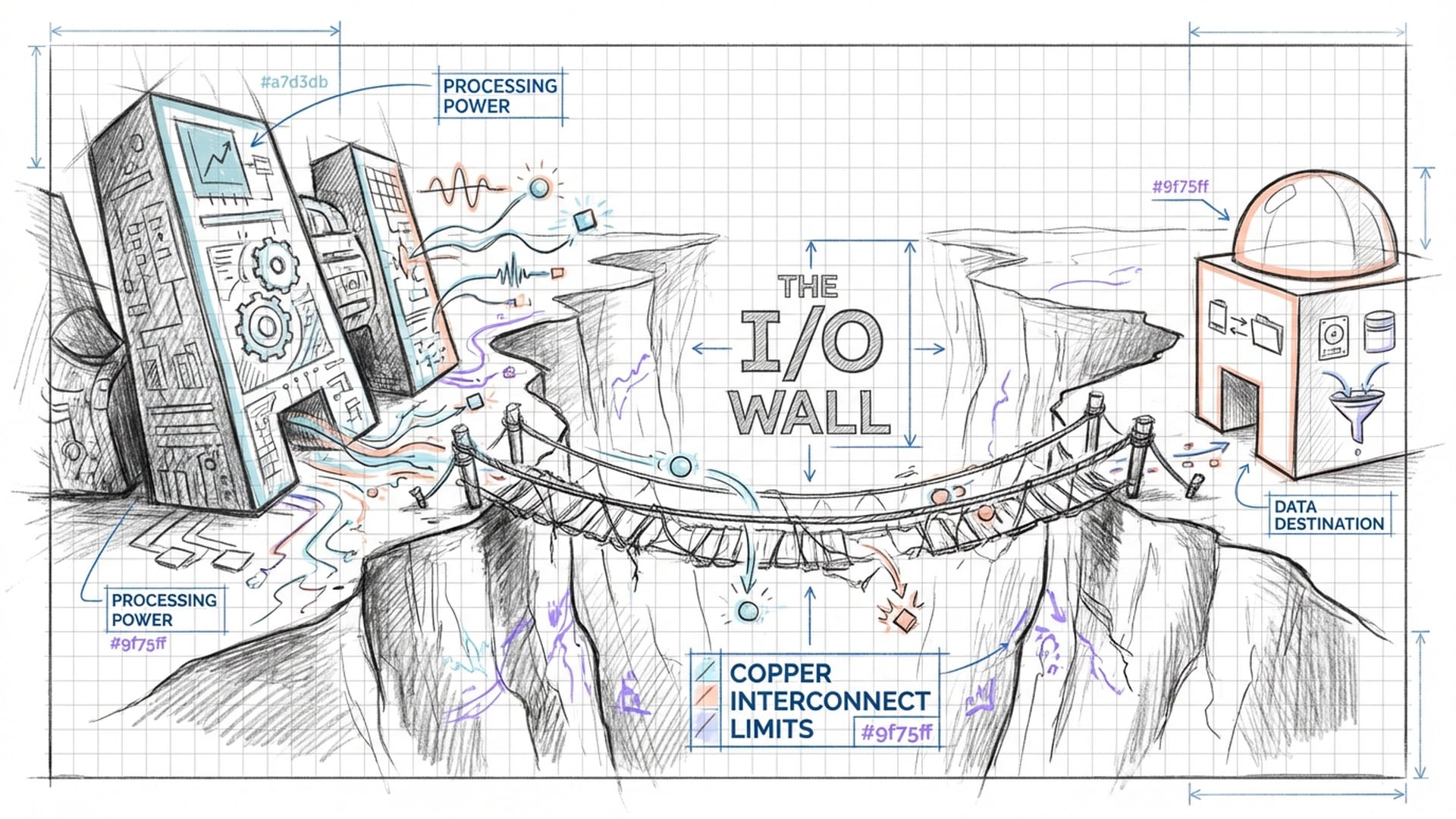 A dark, deep canyon labeled 'I/O Wall'. On one side, massive silicon processing engines; on the other, a data destination. Between them, a thin, fraying rope bridge.