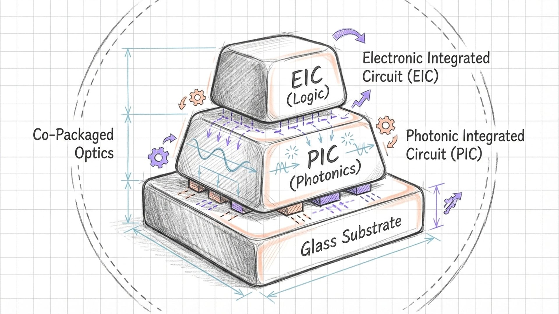 Highly detailed stack: EIC (Logic) bonded to PIC (Photonics) on a Glass Substrate. Minimal cables, maximized integration.