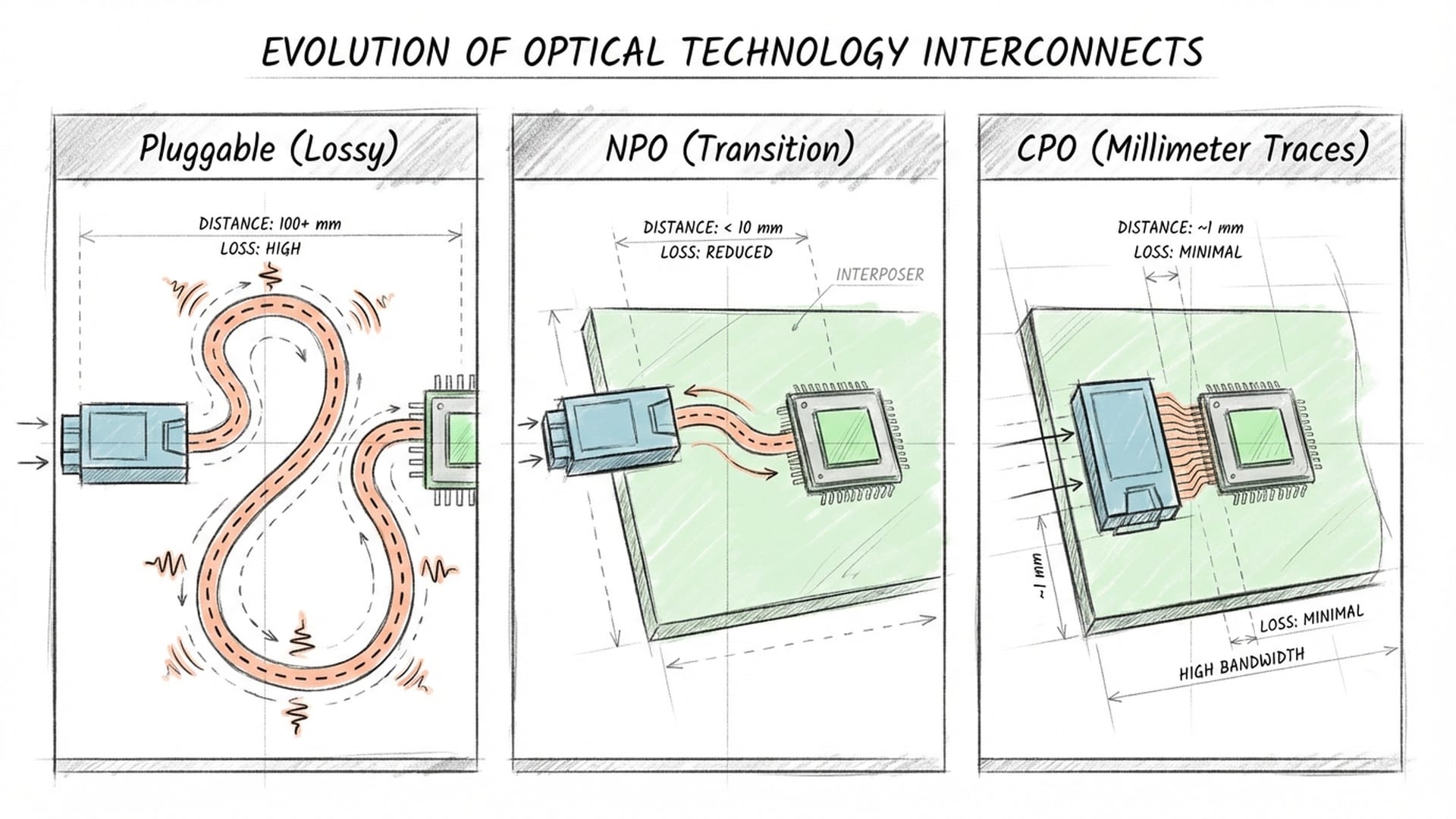 Evolutionary chart of optical tech. 1. Pluggable Optics (Far), 2. Near-Packaged (Close), 3. Co-Packaged (Inside).