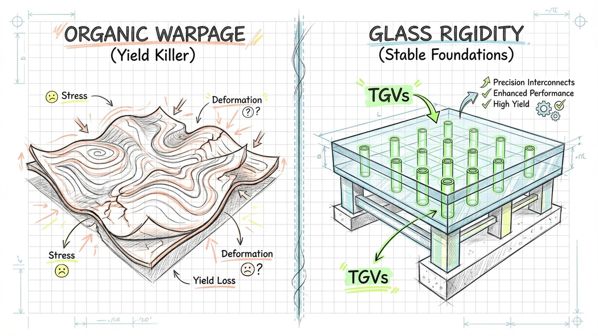 A cross-section of a glass substrate. It is perfectly flat and rigid with green 'Through-Glass Vias' (TGVs) running vertically.