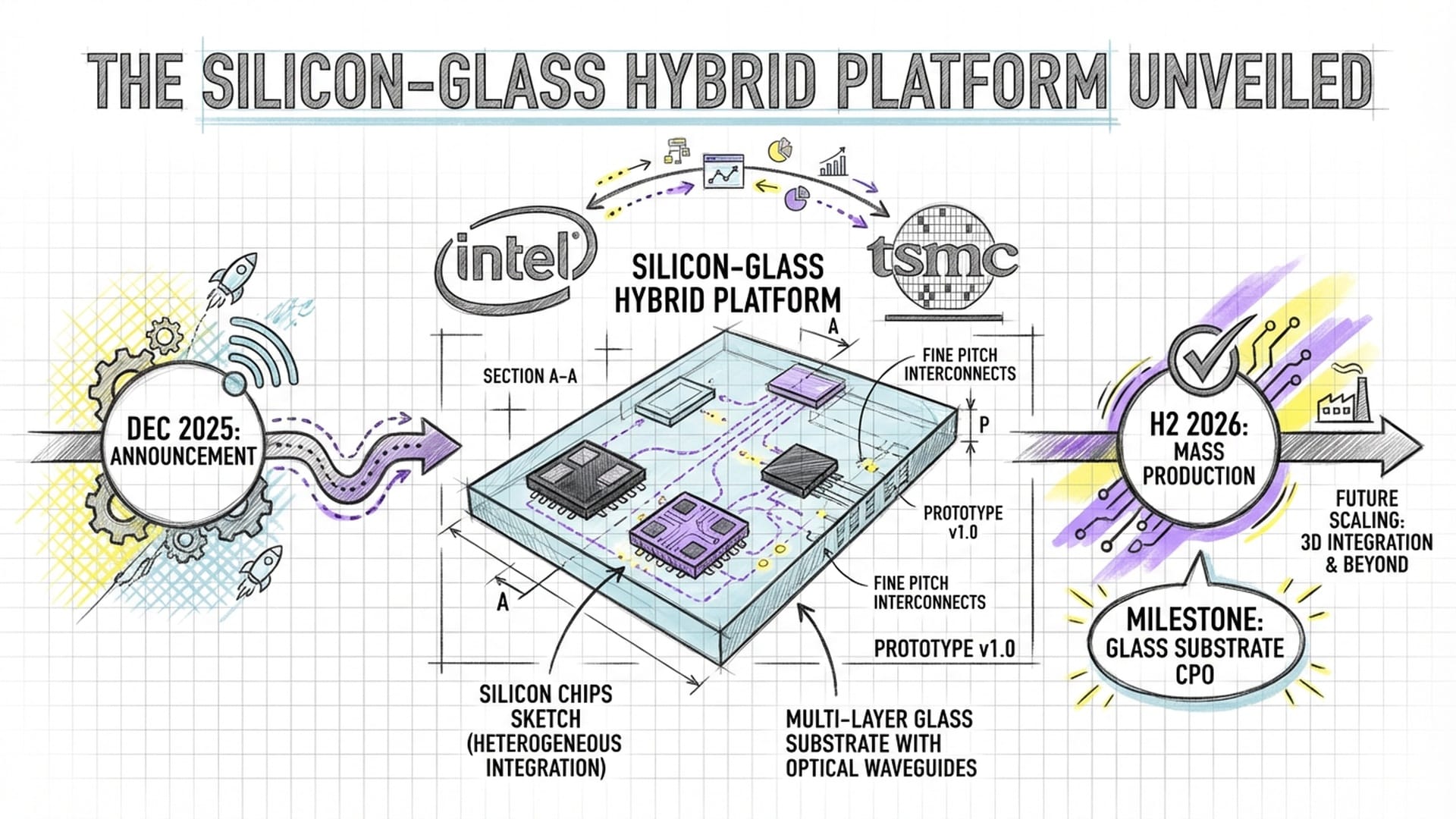 Intel and TSMC logos appearing side-by-side over a blueprint of a 'Silicon-Glass Hybrid Platform'. A timeline shows 2025 announcement and 2026 mass production.
