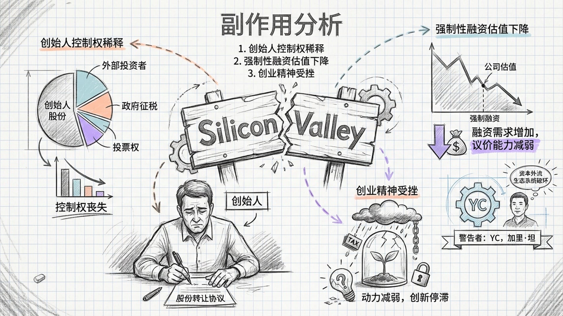 破碎的“硅谷”招牌，前景是创始人在被迫签署股权转让协议，神情凝重。