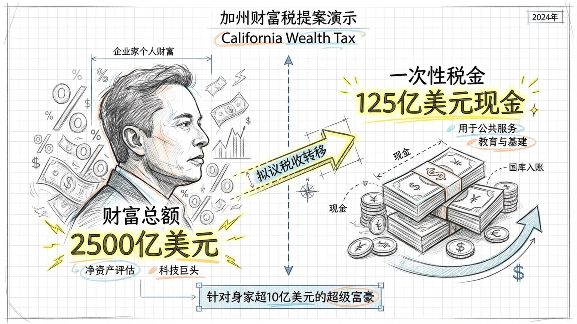 马斯克的肖像剪影，背景是密密麻麻的百分比符号和美金账单，强调现金支付的压力。