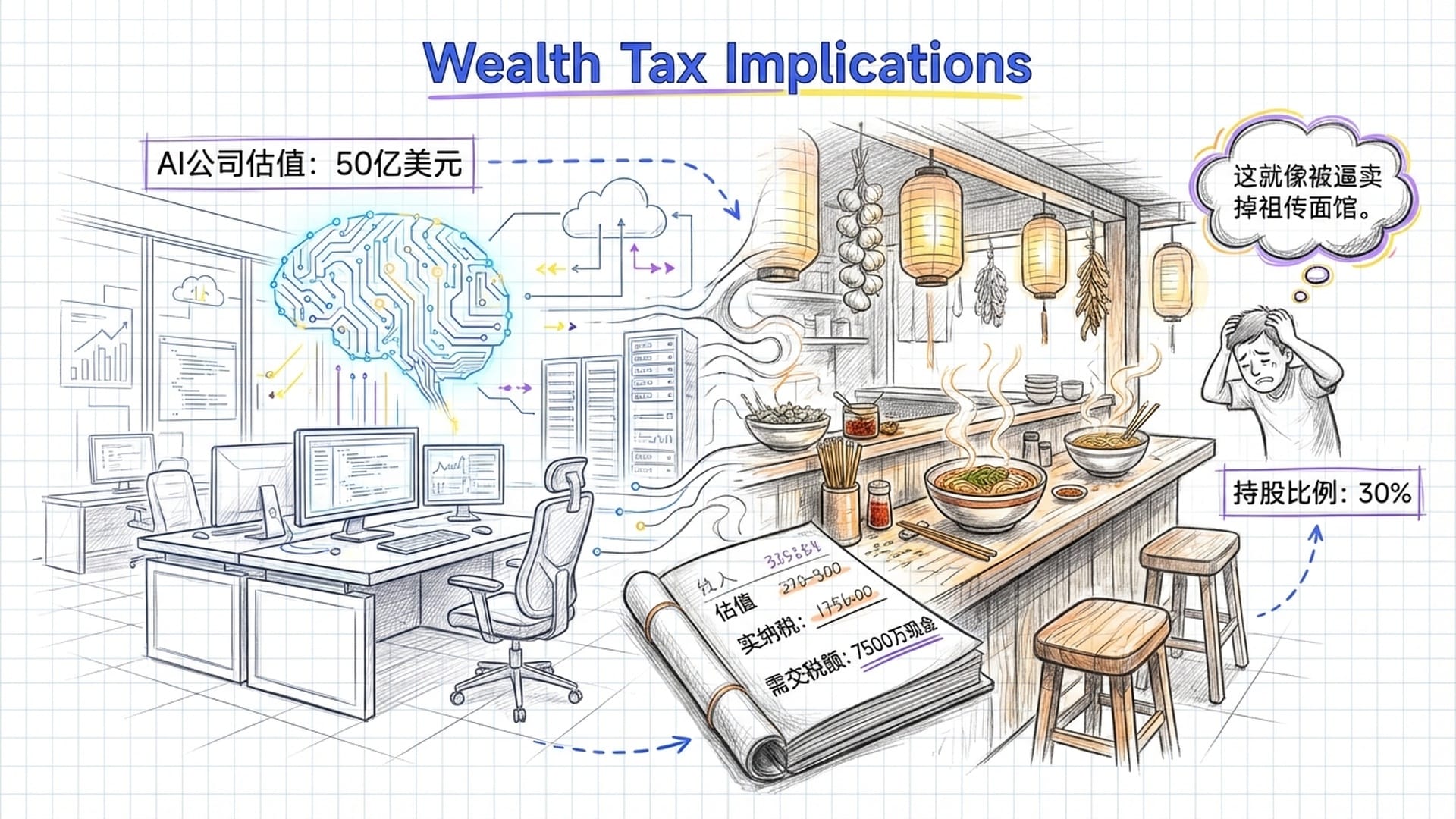 一家现代AI公司的办公场景，逐渐变成一家传统的小面馆。账本上写着“估值”和“实纳税”。