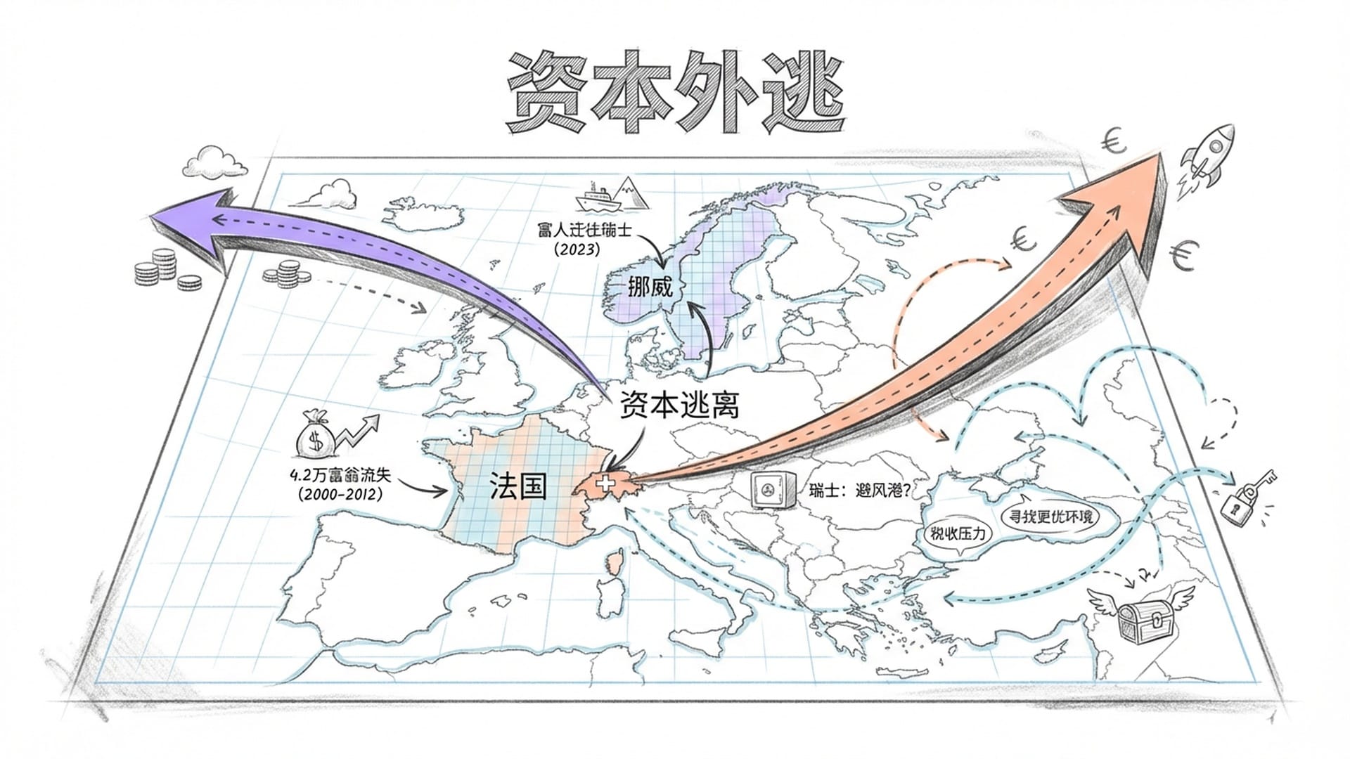 欧洲地图，法国与挪威被标注，箭头发射向地图外，象征资本逃离。