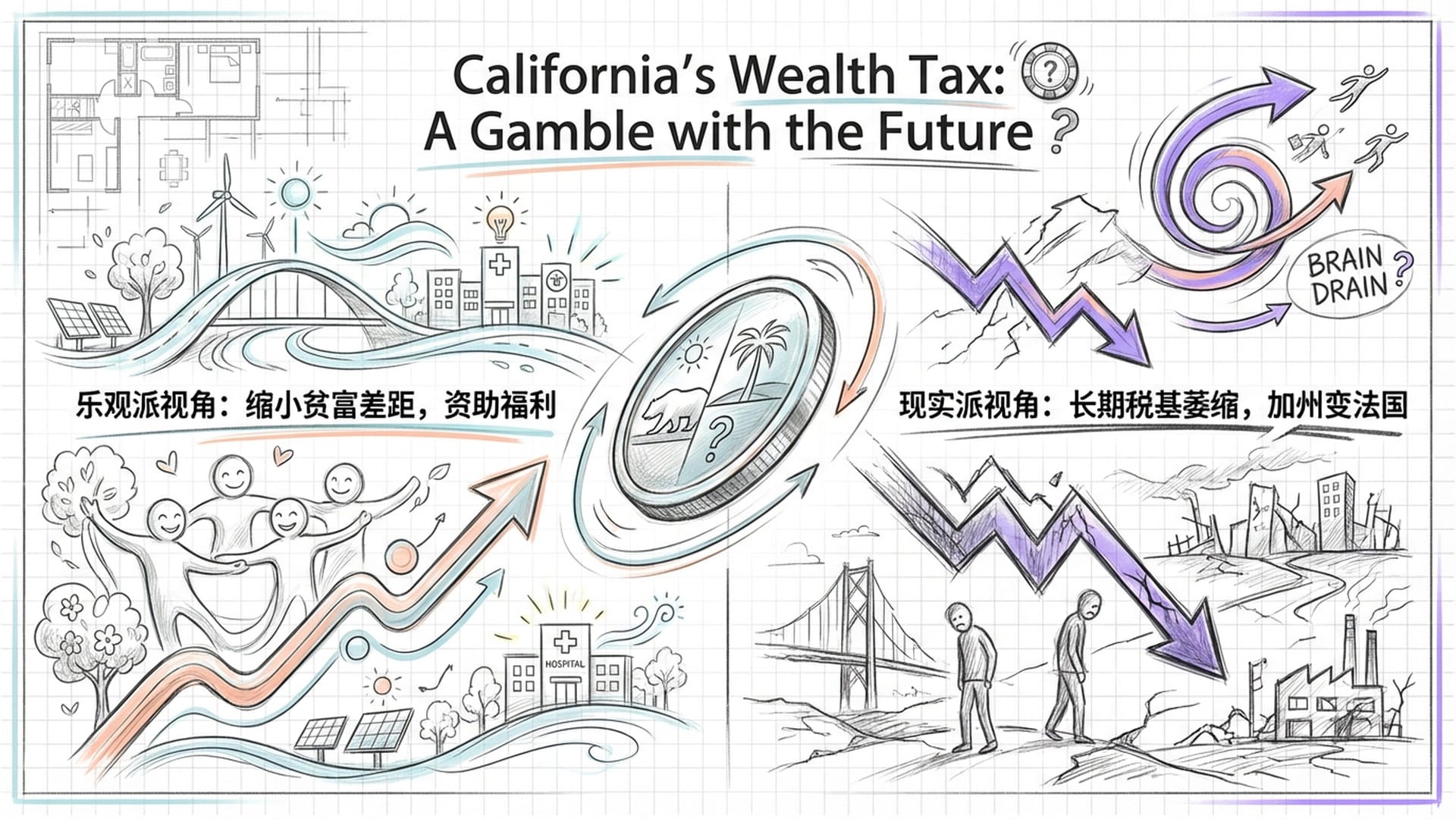 硬币在指尖弹起落下的瞬间，背景是两种截然不同的加州未来预测图景。