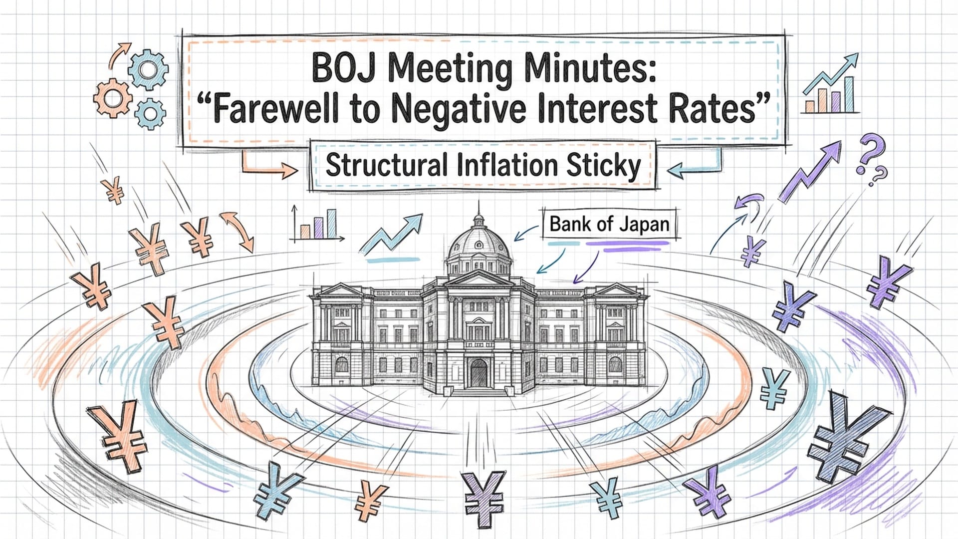 The Bank of Japan building with a shockwave emanating from its center, stylized Yen symbols falling.