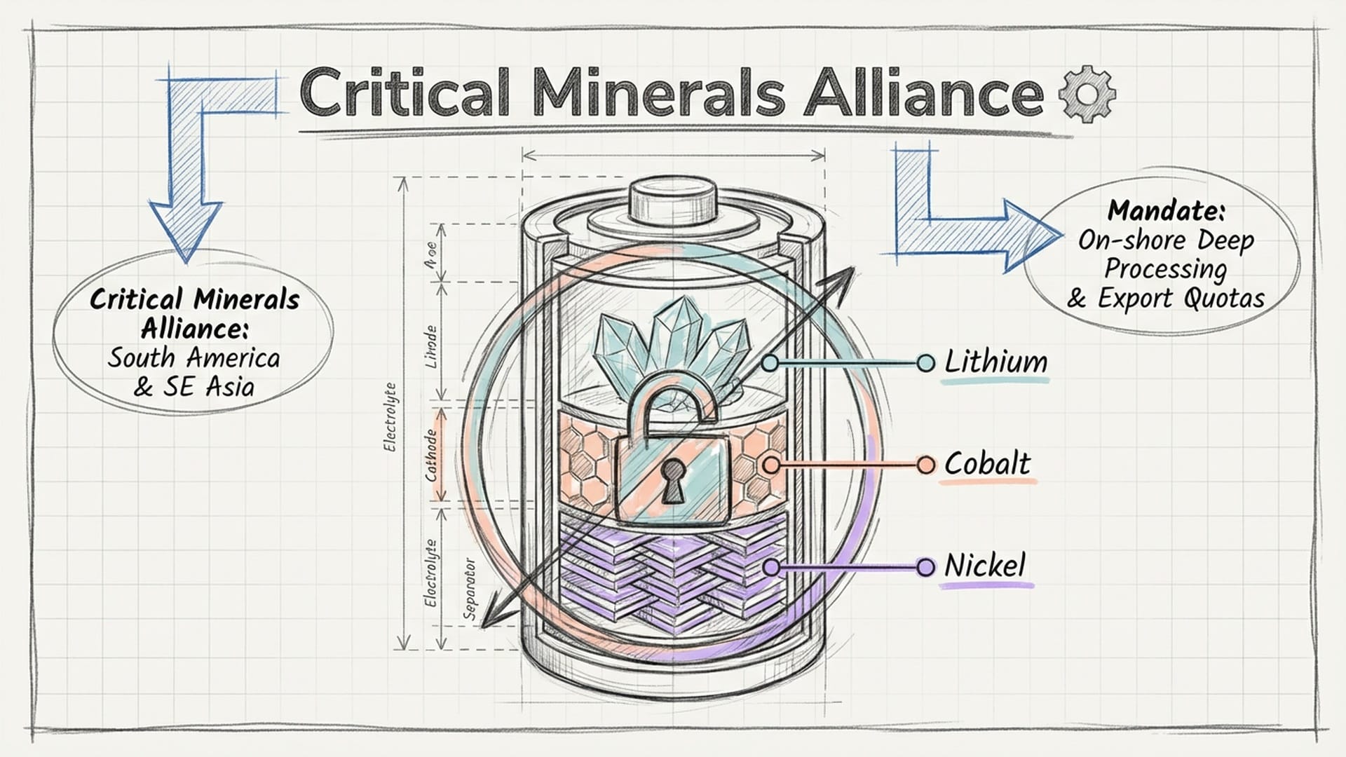 A mineral anatomy diagram showing Lithium, Cobalt, and Nickel inside a battery cell, with a lock over the image.