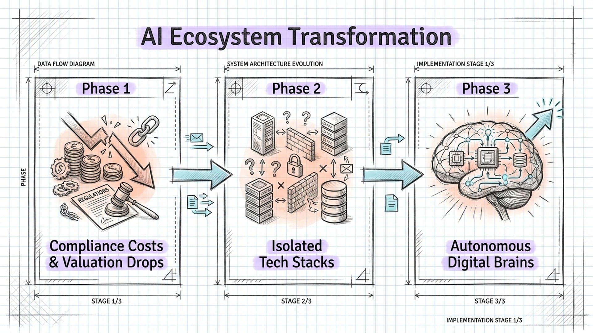 A flowchart showing the short-term pain versus the long-term structural changes in AI.