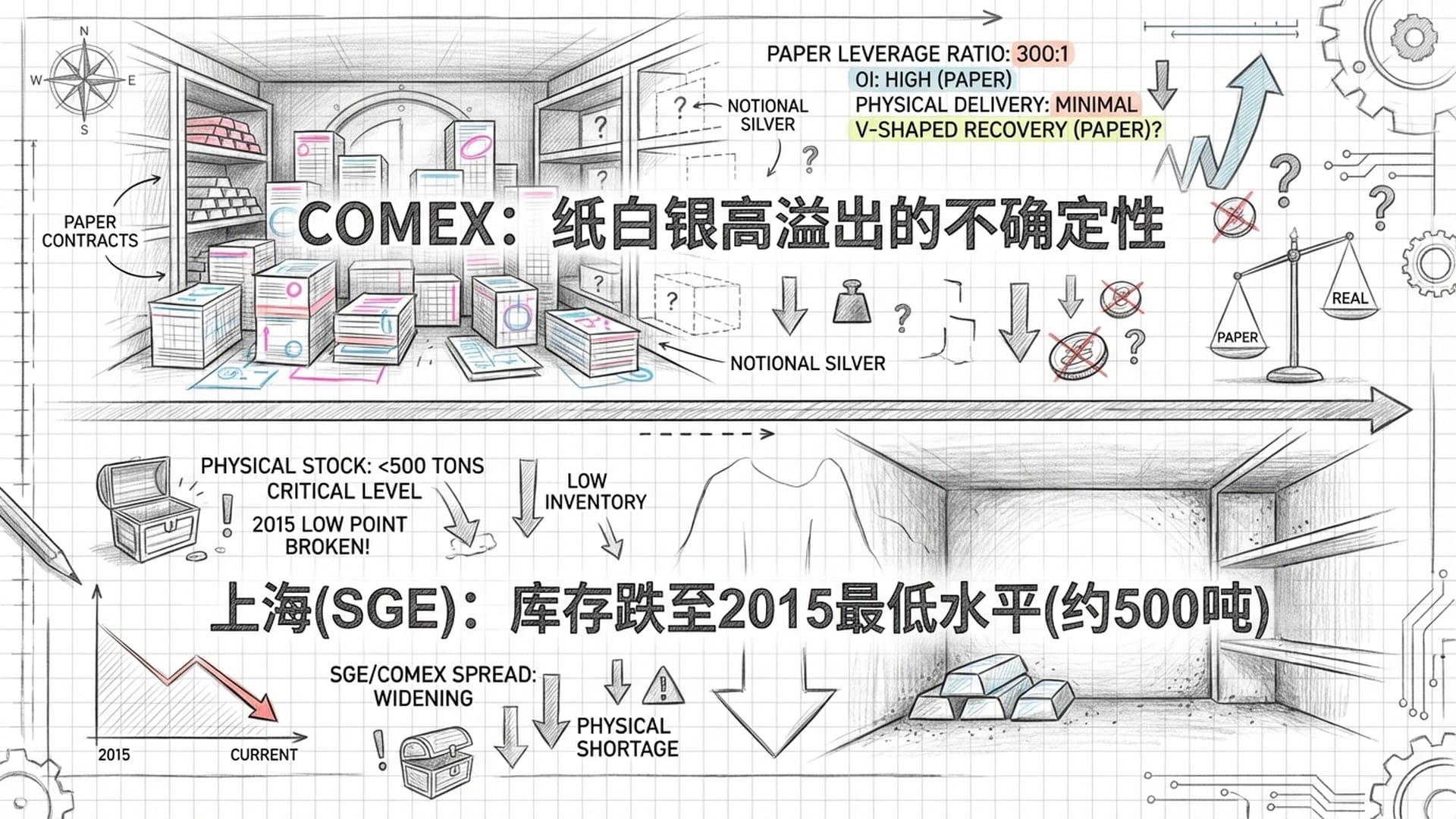 对比图表，COMEX金库堆满纸质合同，上海金库实物见底。强烈的数据反差。