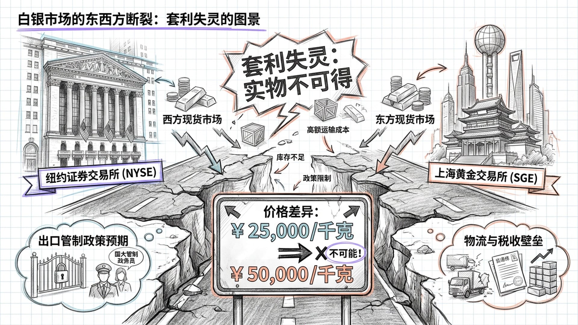 断裂的公路，两边分别是纽交所和上金所。两个市场之间的价差指示牌，数字巨大。