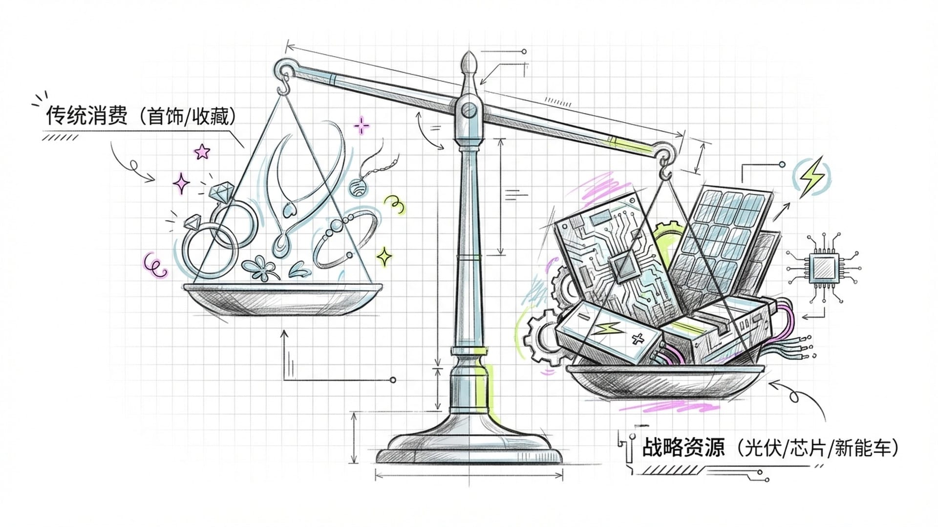 巨大的白银天平，左端是珠宝首饰，右端是工业芯片和太阳能电池，右端沉下，象征重心偏移。