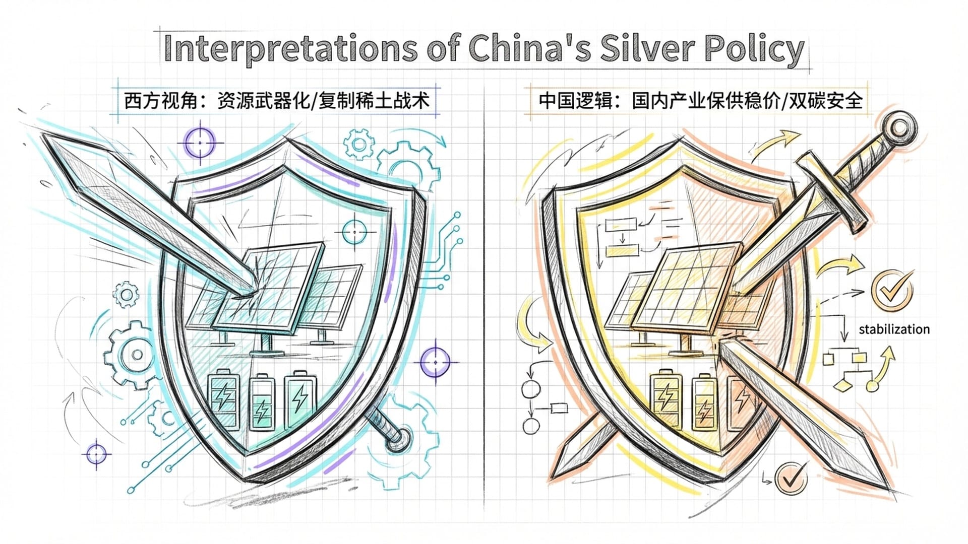 盾牌与利剑的抽象图形。盾牌内显示太阳能和电池，利剑指向外部。冷色调与暖色渐变。