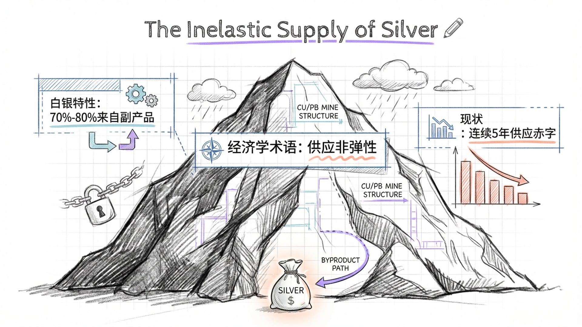一个巨大的铜/铅矿山，山脚下有一小袋白银。象征由于副产品属性导致的增产困难。