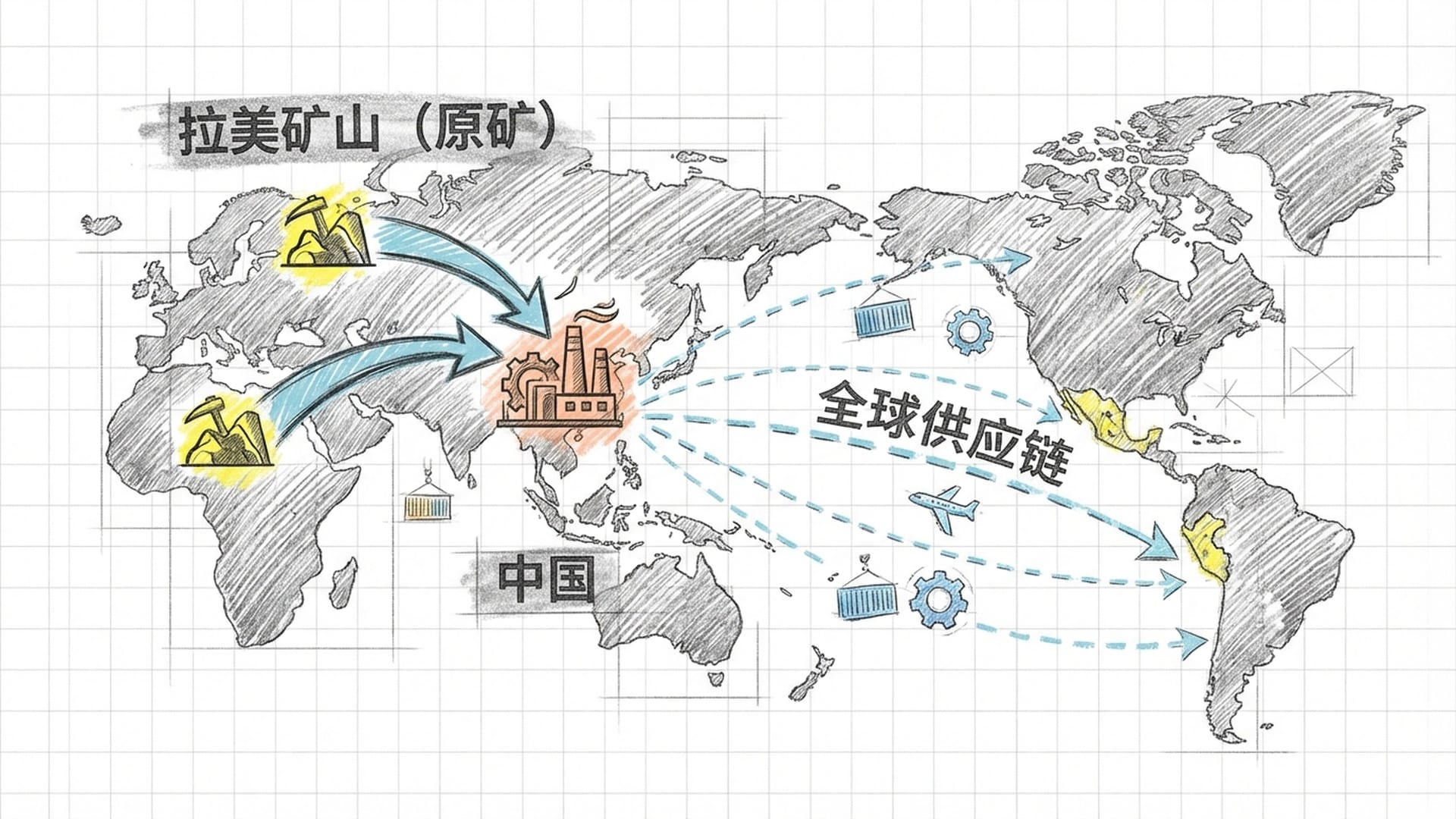 全球地图，墨西哥与秘鲁的矿山图标有指向中国的箭头，中国境内则是巨大的精炼工厂图标。