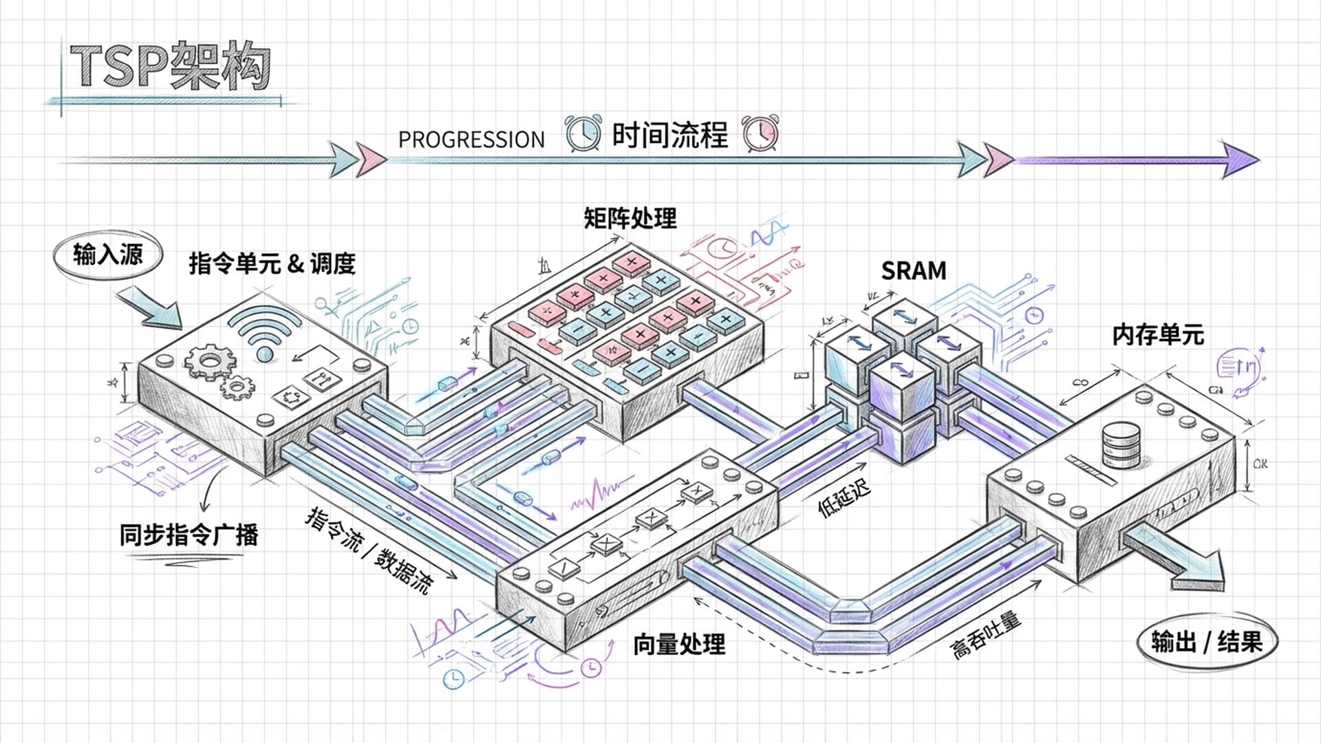TSP架构透视图,五个功能单元像乐高积木一样整齐排列,数据像笔直的水晶轨道一样穿梭。