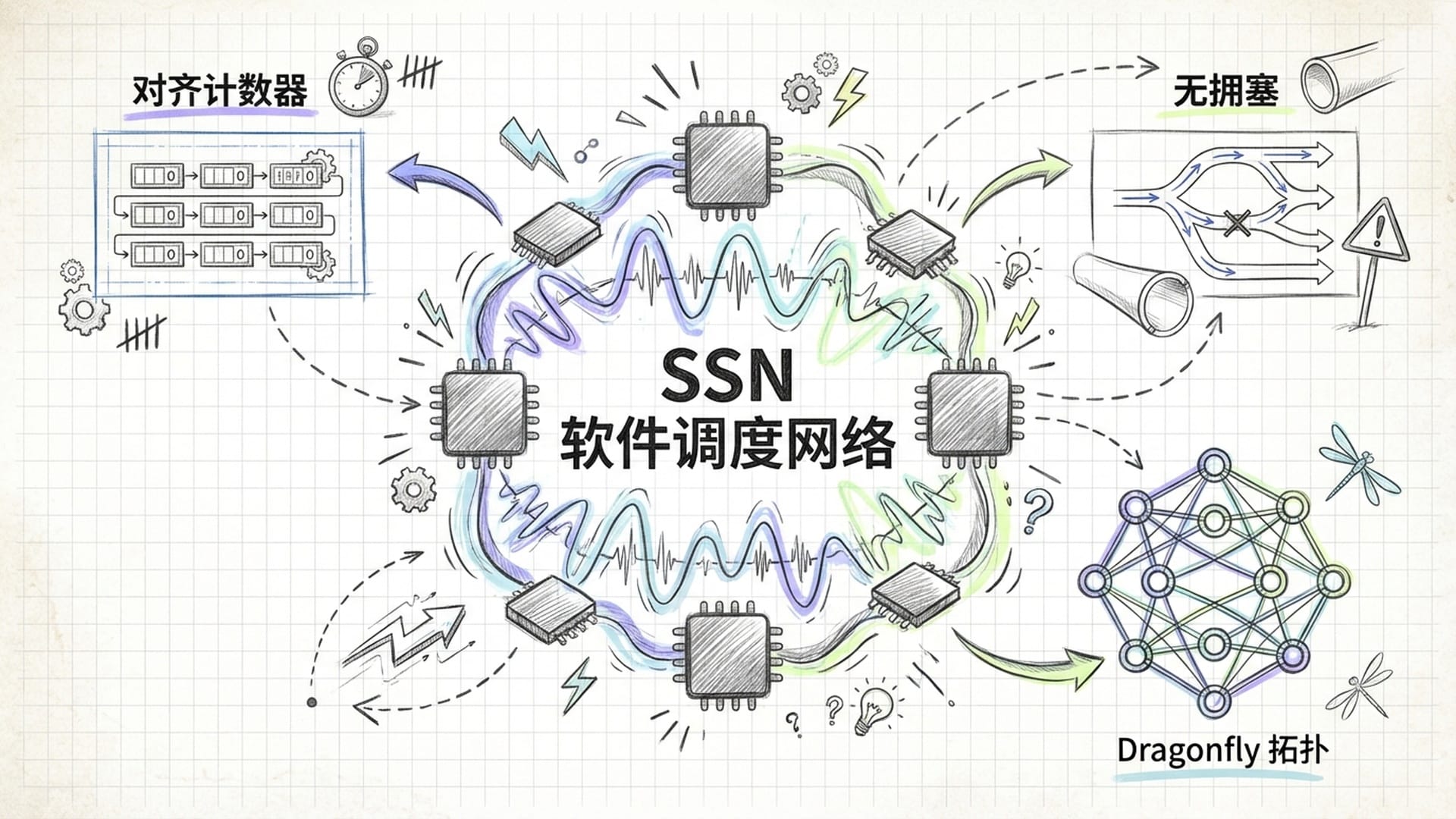 多颗芯片由一张发光的神经网络包裹,像一个有节奏的波浪,整齐划一地起伏。