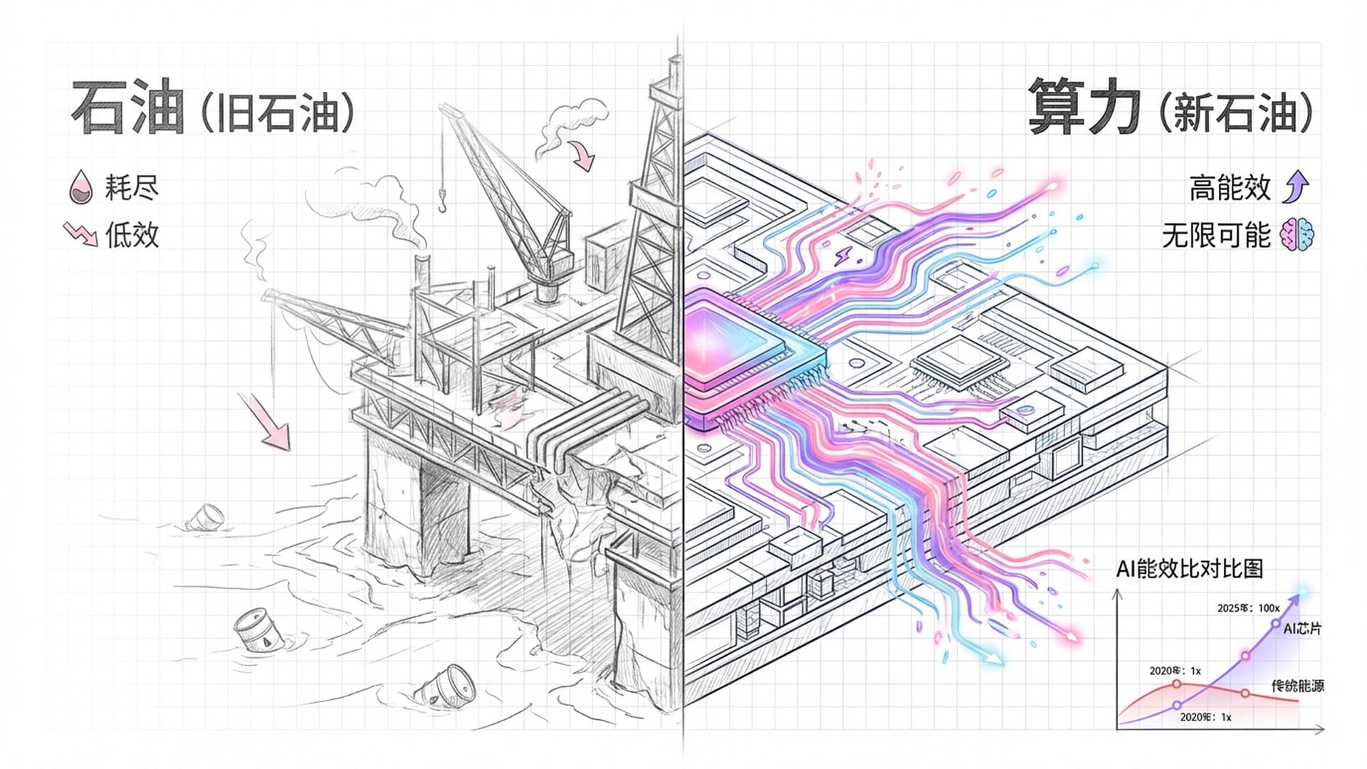芯片内部的宏观视角，电流如同岩浆般流过导线层，另一侧是巨大的石油钻井平台正在枯竭。对比强烈。