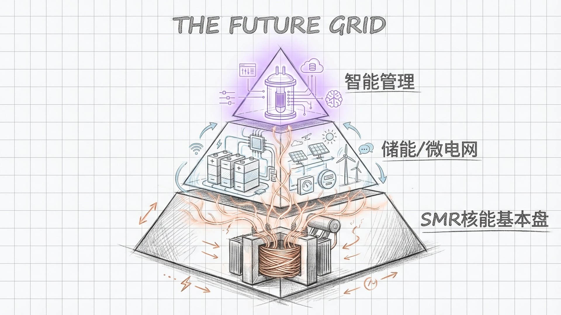 巨大的变压器和发光的铜线，交织成神经网络的形状。上方是一个数字化的SMR小型核反应堆在稳定发光。