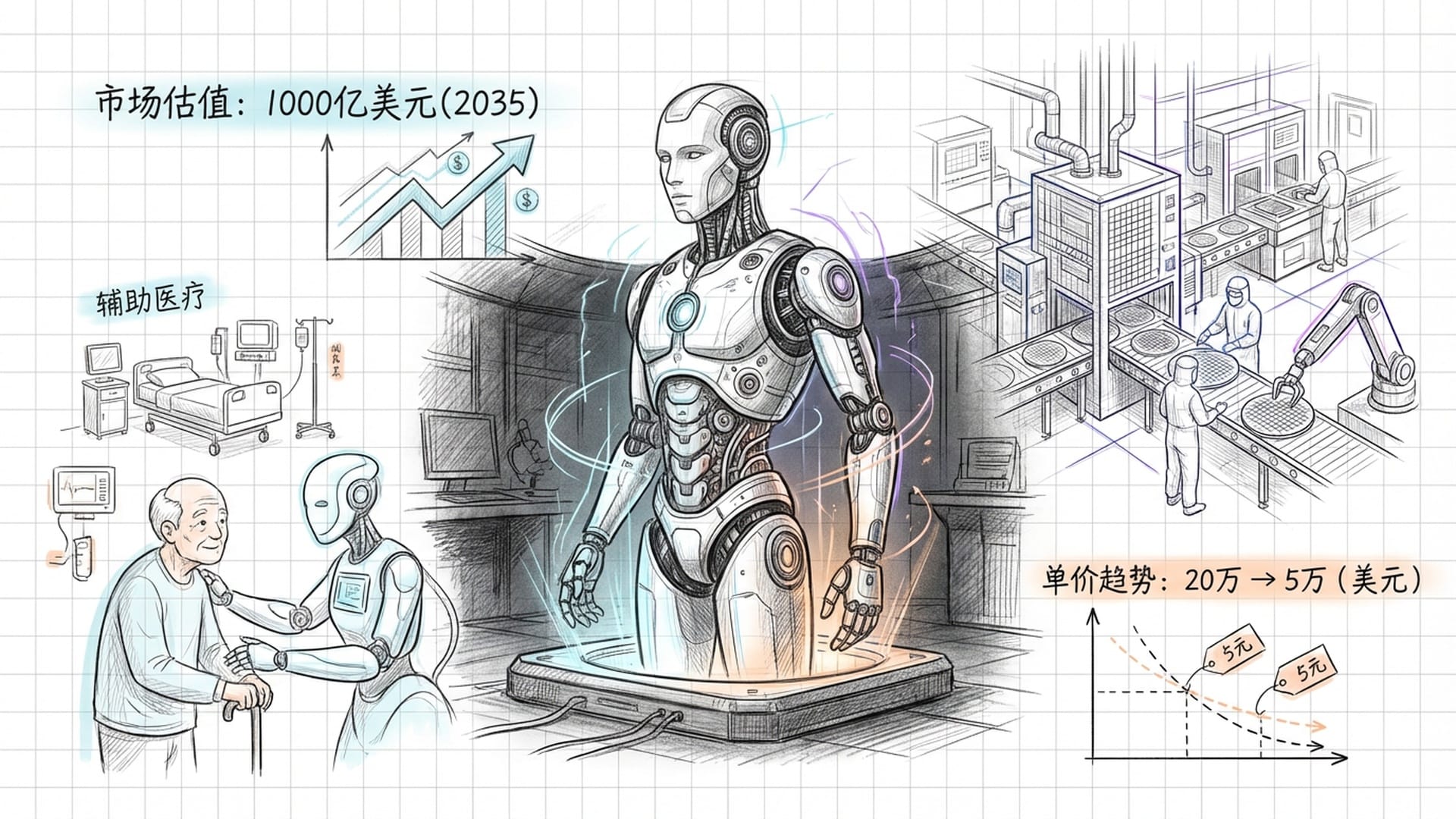 一个极具细节的人形机器人在昏暗的实验室中缓缓站起，背景是老龄化的医疗场景和全自动半导体车间。