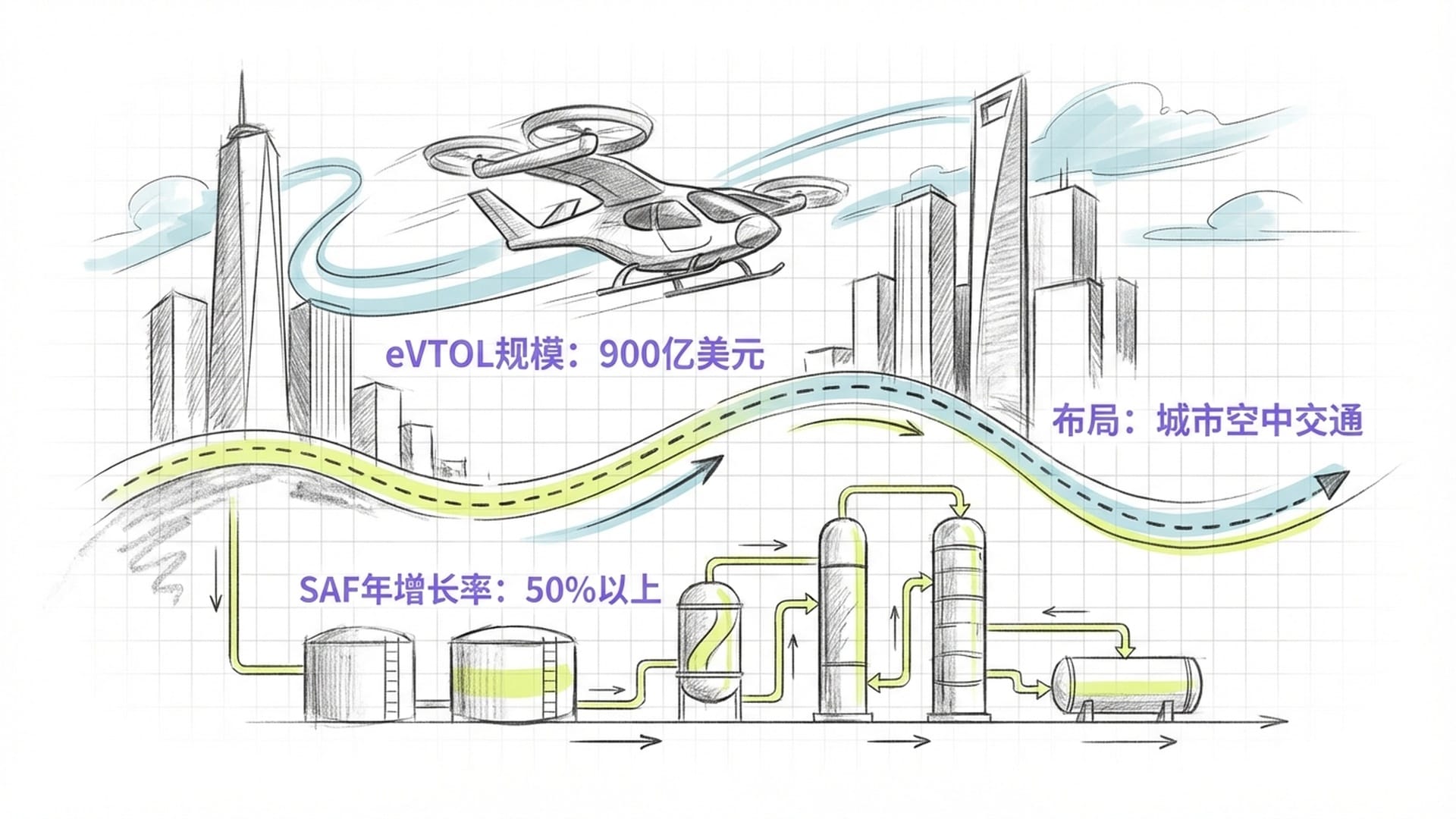 eVTOL垂直起降机在摩天大楼间穿行，背景是蓝天和氢燃料电池。下方展示SAF可持续航空燃料的生产线。