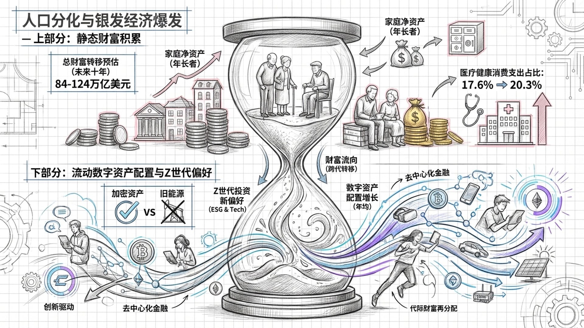 金色的沙漏，上面一半是老年人群体，下面一半是流动的数字财富转移。侧重展示Z世代的科技偏好。
