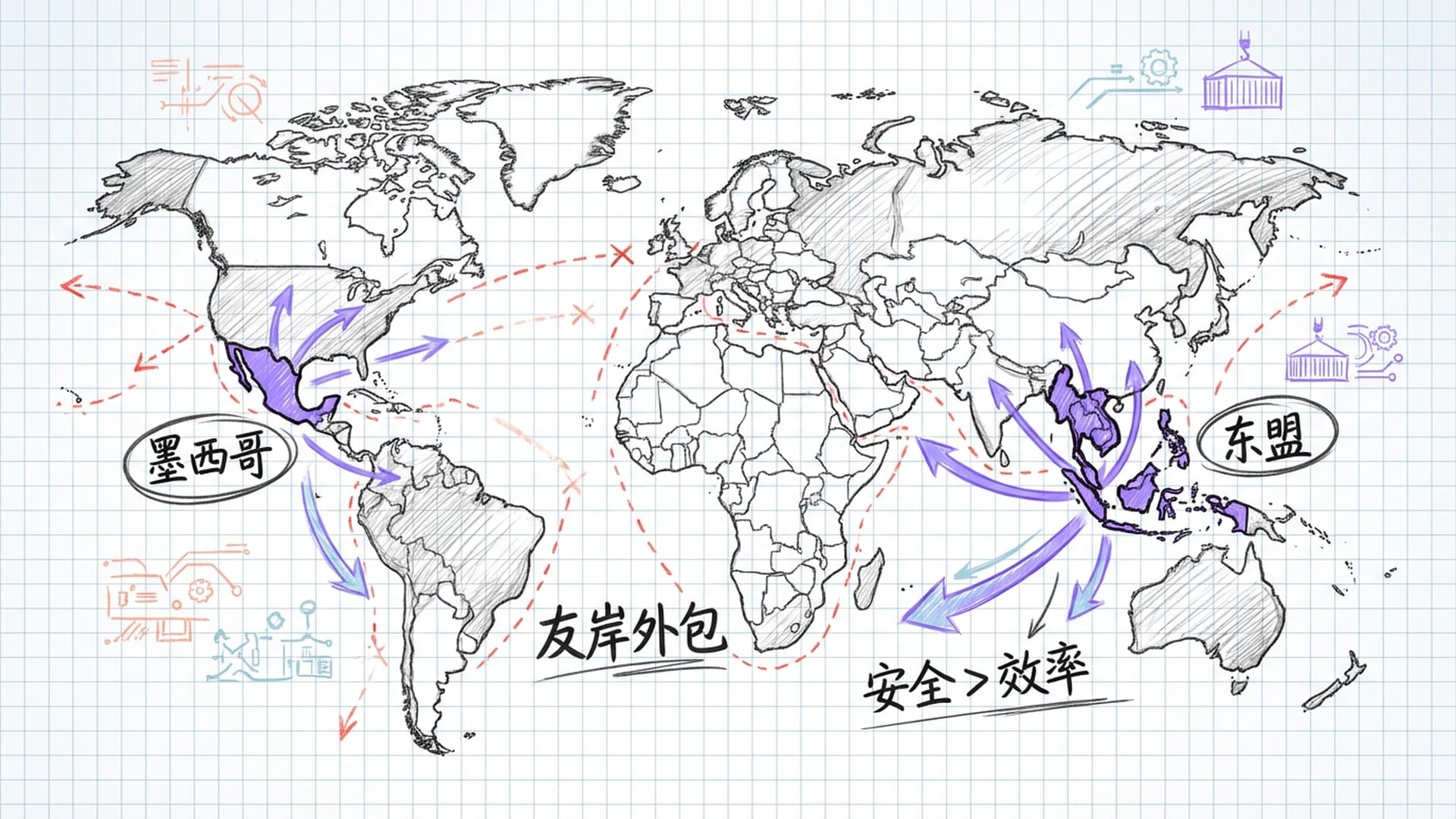 世界地图被重新连接，红色虚线（旧链）断裂，紫色实线（连接器经济体如墨西哥、东南亚）变得粗壮。