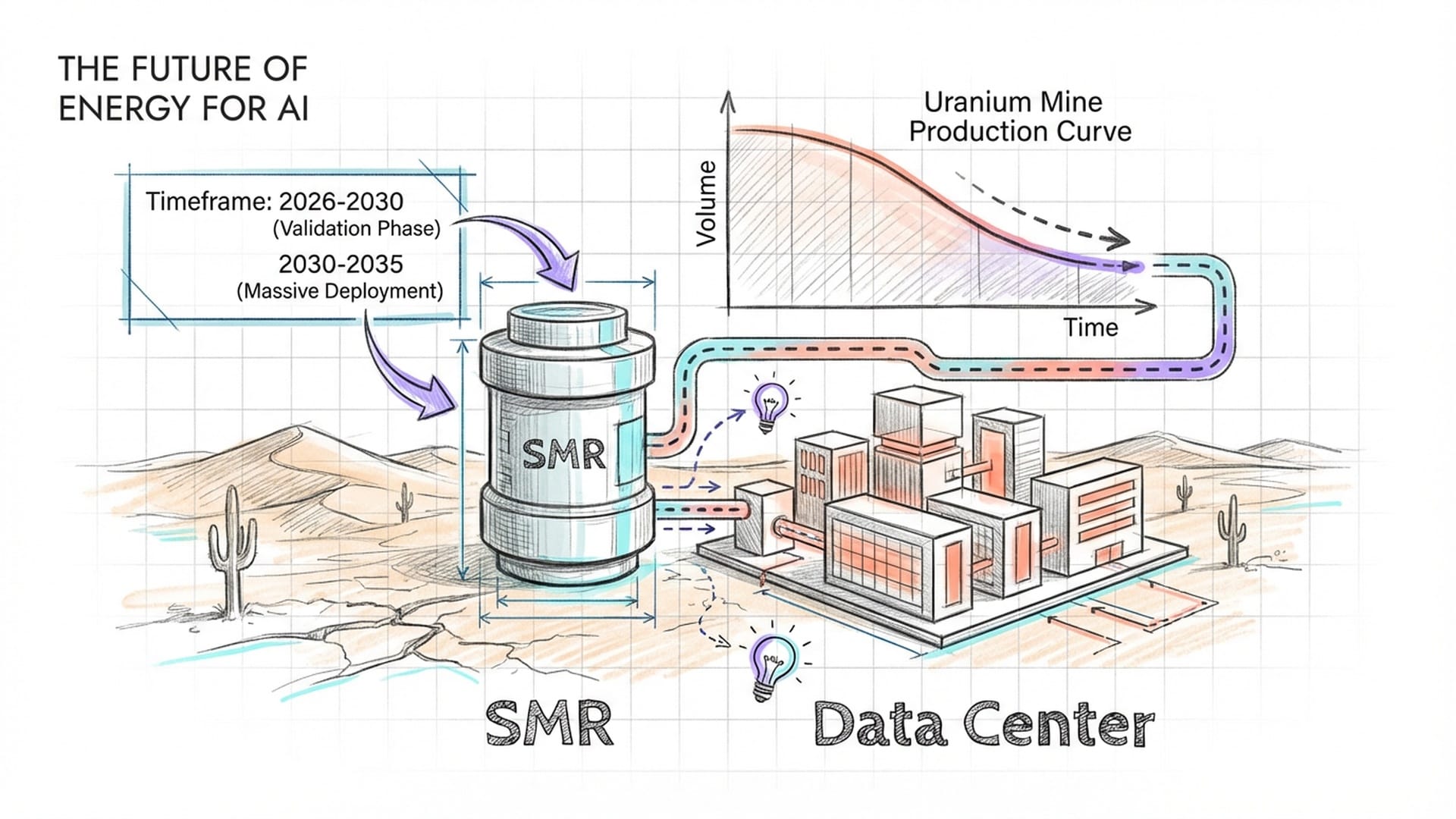A Small Modular Reactor (SMR) unit sitting next to a massive data center campus in a desert. Uranium mine with a declining production curve chart in the background.