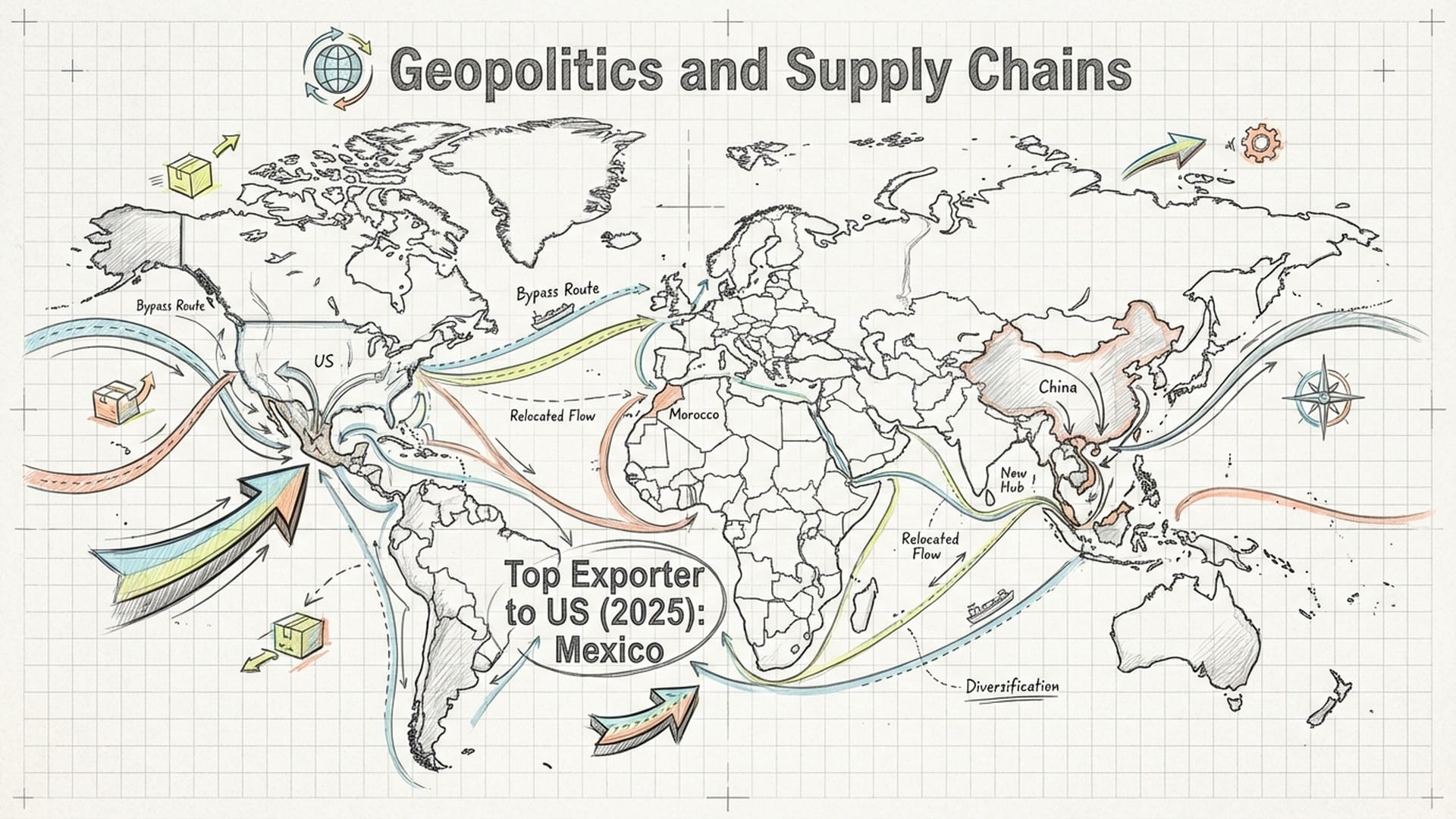 A world map showing trade lines bypassing the US and China, converging on Mexico, Vietnam, and Morocco.
