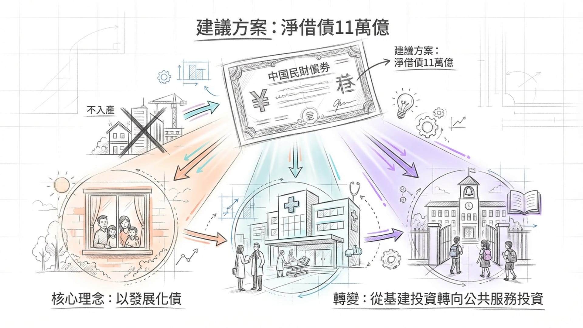 一张巨大的国债票据在画面中央，其发放出的光芒照亮了下方的老百姓窗口、医院和学校，不再是通过旧有的房地产路径。