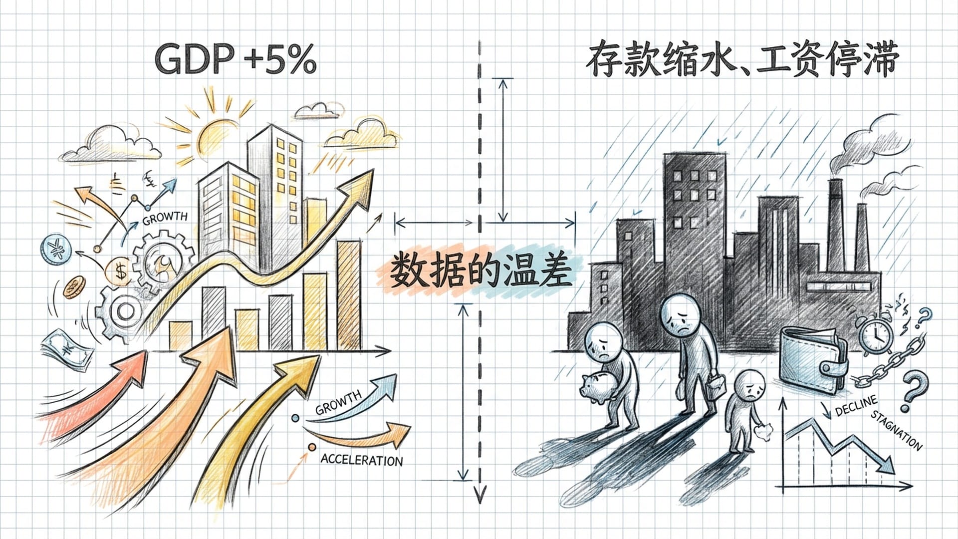 分裂的屏幕，左侧是充满红色的繁荣热图和箭头向上，右侧是灰暗的城市剪影和缩着肩膀的路人。
