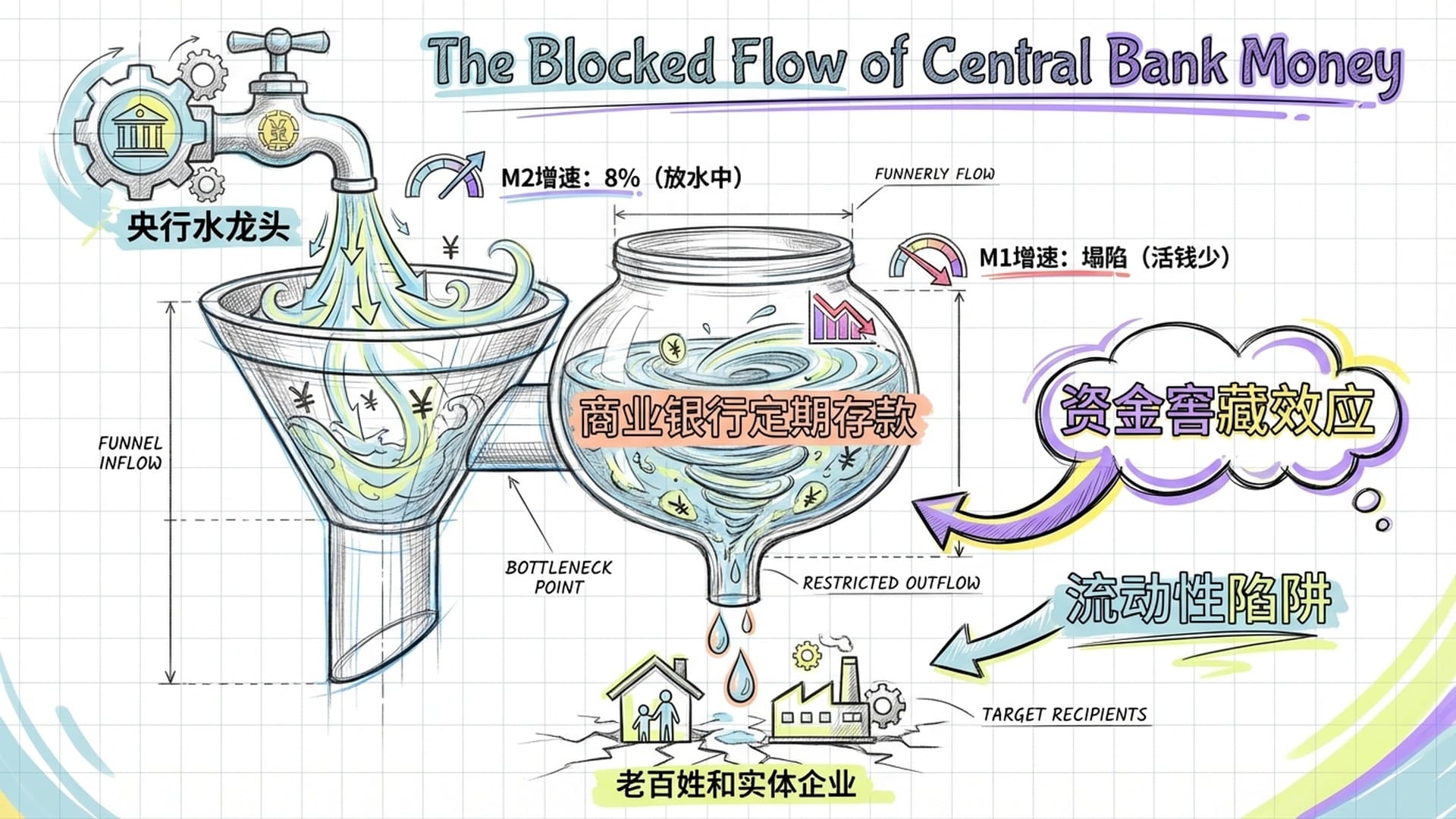 一个漏斗图。上方是巨大的央行水龙头在放水，但水被堵在一个叫“商业银行定期存款”的罐子里，下方的“老百姓和实体企业”只有几滴水。